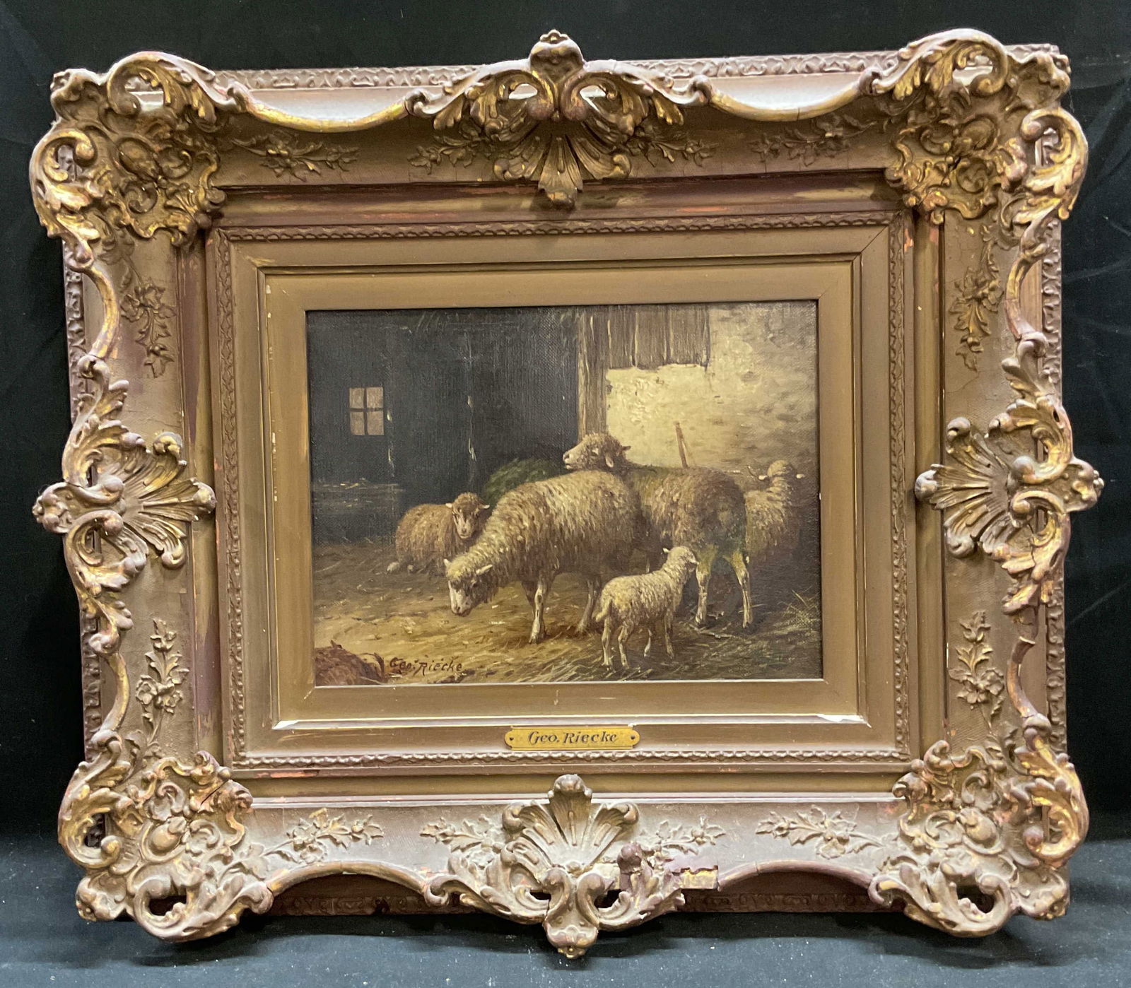 Antique Framed George Riecke Sheep Oil Painting (1 of 6)