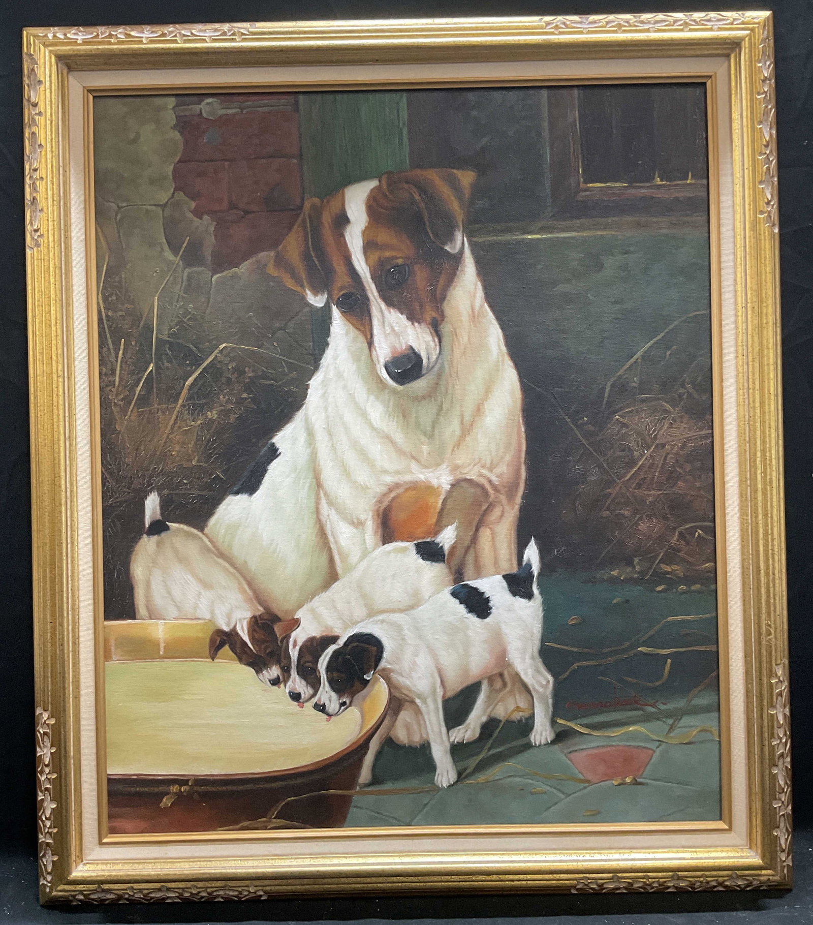 Framed Signed After Garland Dogs Oil Painting 28in: Framed oil on canvas painting. After Valentine Thomas Garland, Faithful Dogs. Signed at lower left right, partially legible reads Gerenabook. Dog and puppies with bowl of milk. Valentine Thomas Garlan
