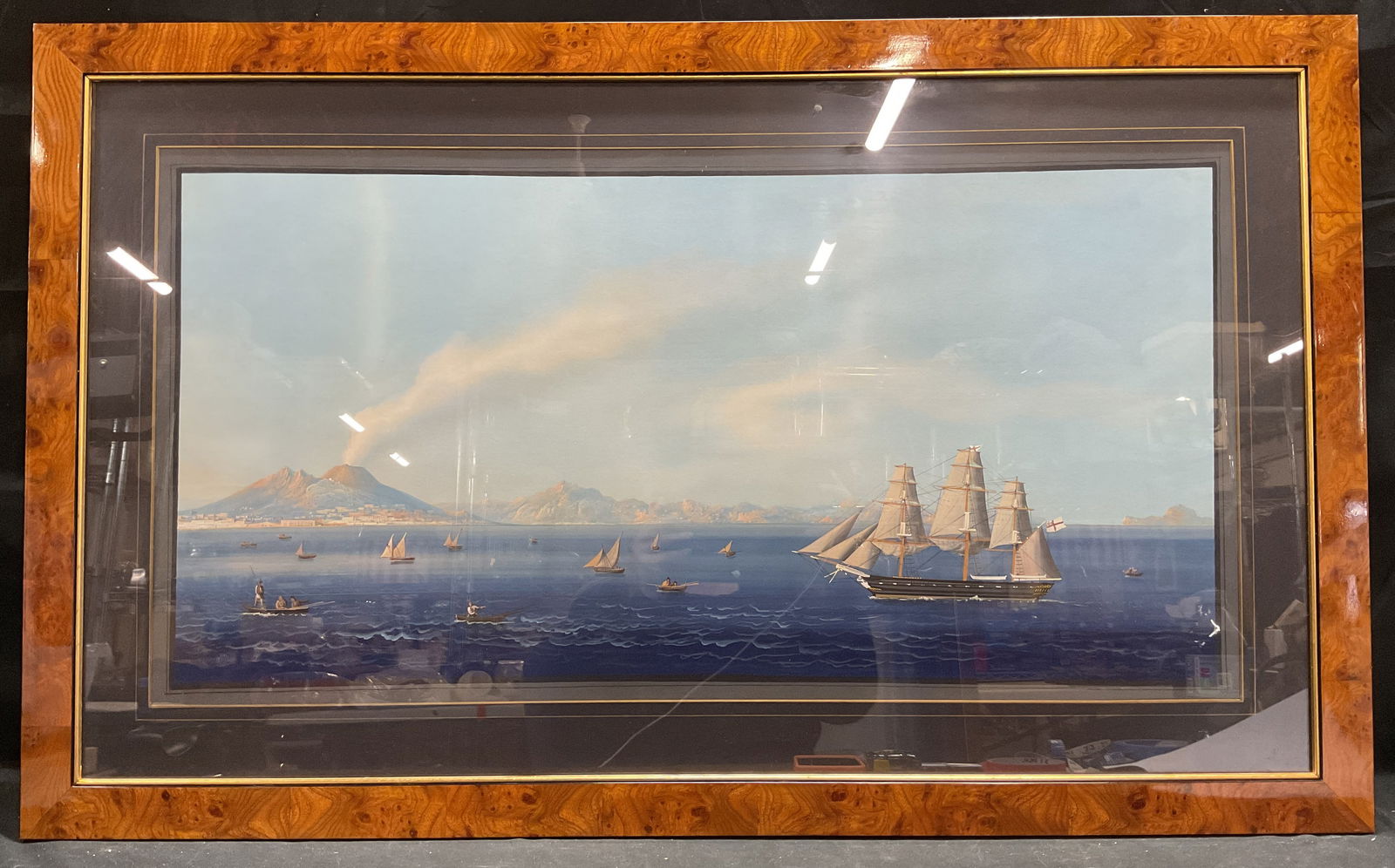 Italian Bay Naples Mt Vesuvius Gouache Pntng 43in (1 of 6)