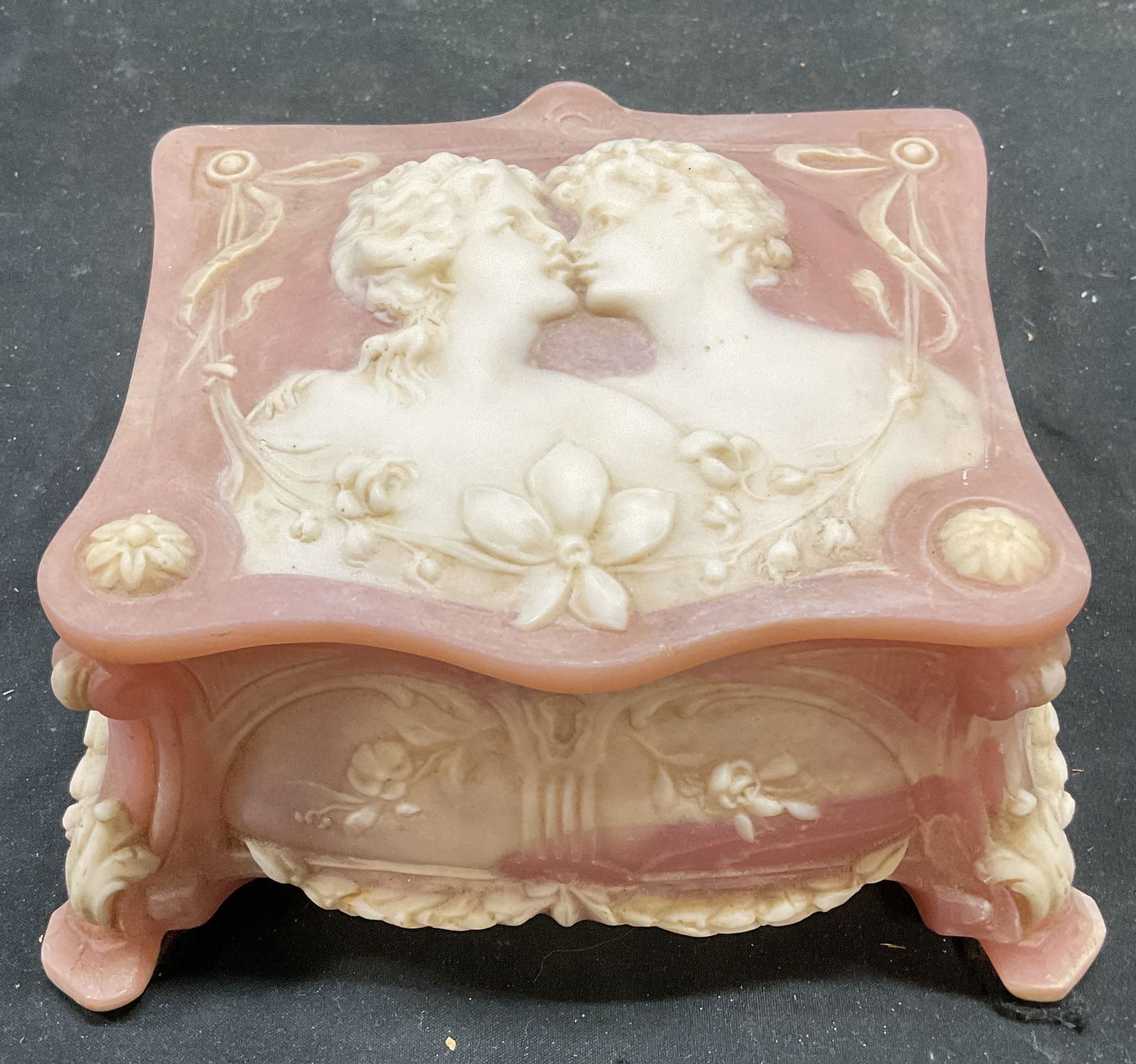 Pink White Carved Incolay Stone Jewelry Box (1 of 7)