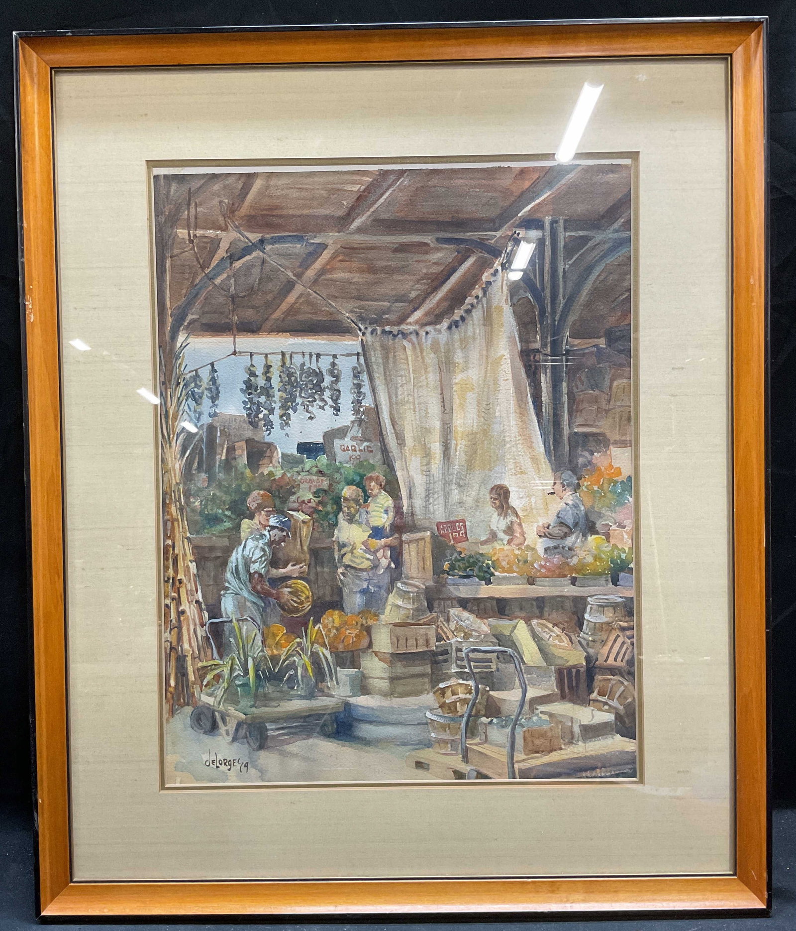 Signed Ann DeLorge Market Watercolor Painting 2ft: Framed and matted watercolor painting on paper. Signed Lowe left Ann DeLorge, dated 1979. Ann DeLorge (American) is a listed artist known for her work inspired by Jazz and life in New Orleans. Market 