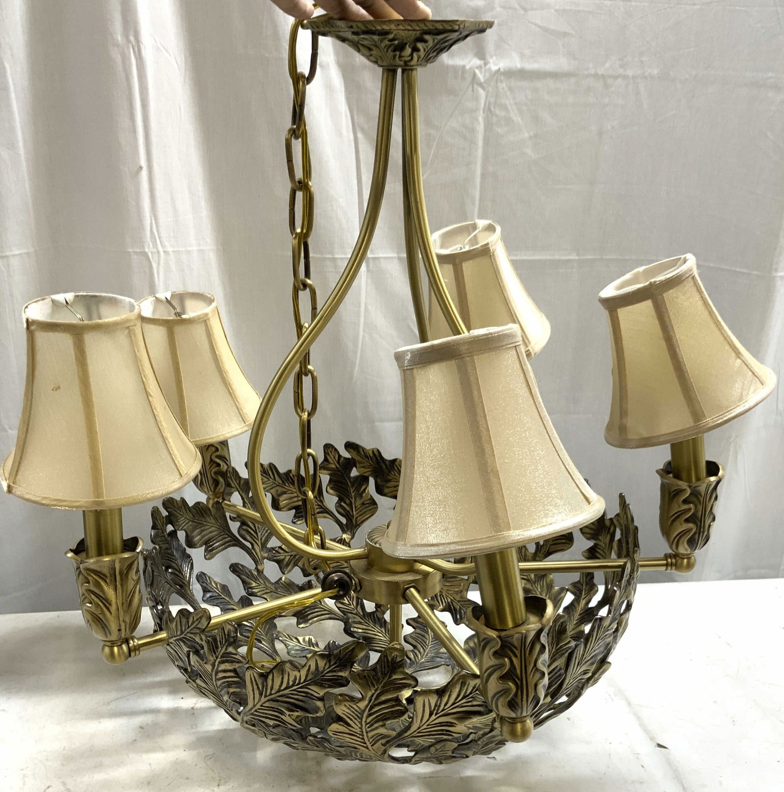 Fredrick Ramond 6 Arm Chandelier W Shades 28in: Chandelier appears to be FREDRICK RAMOND (No apparent markings). Piece is gold toned and brass with floral, leaf & basket structure. Chandelier has 6 arms and includes shades. Includes 2 ceiling caps.