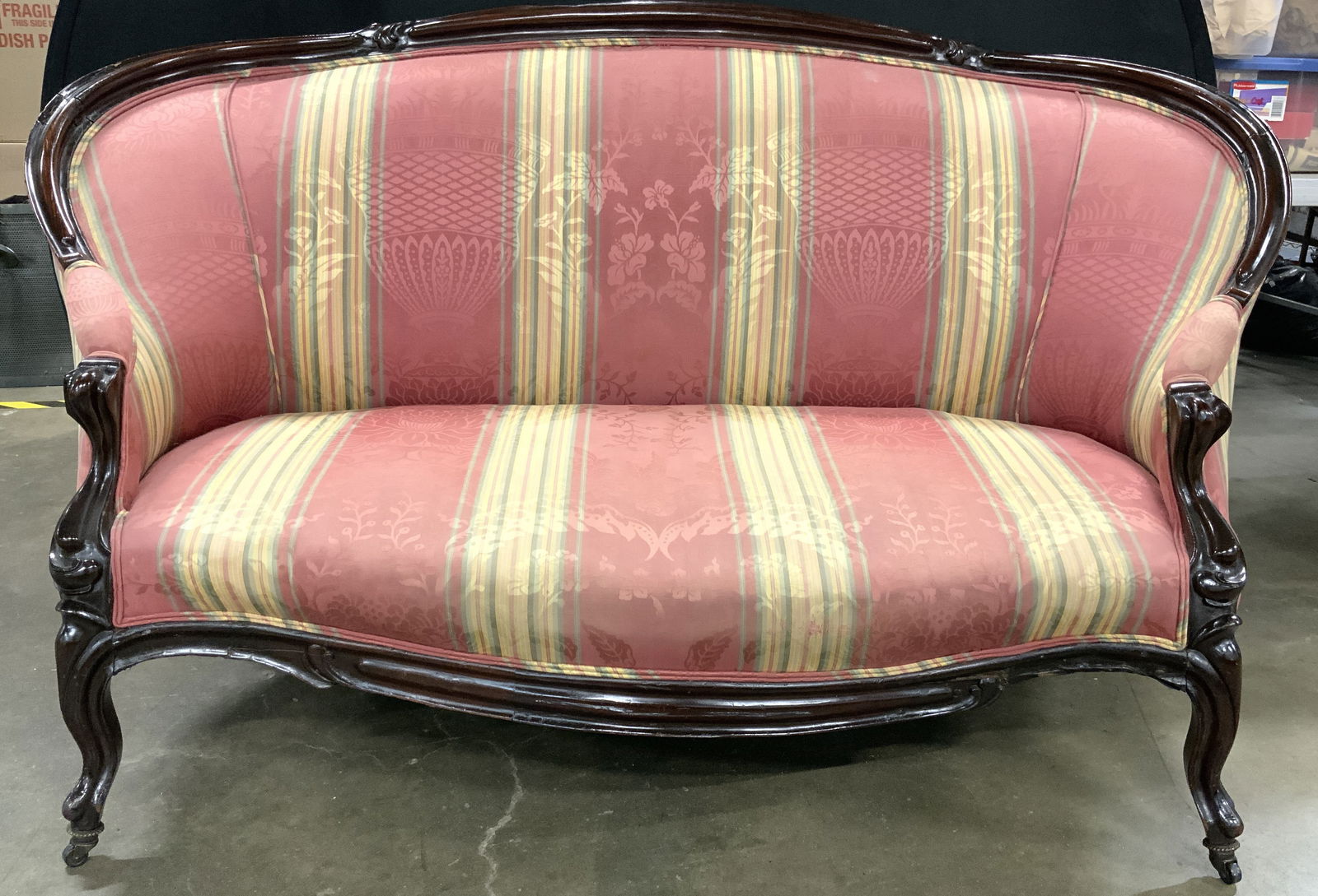 Vtg Wood Frame Victorian Loveseat On Casters (1 of 10)