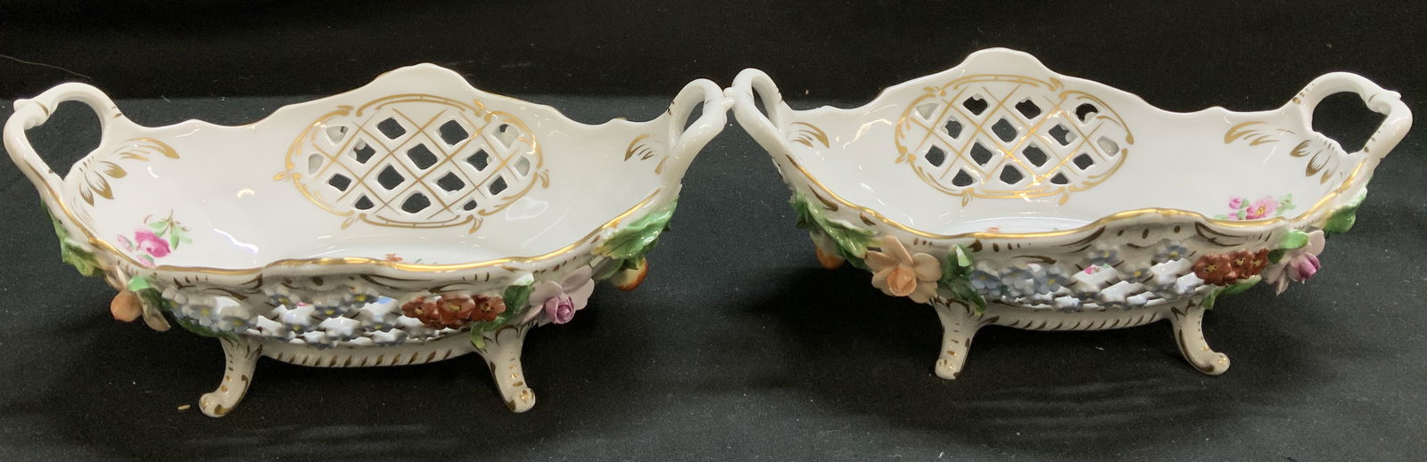 Antq Pair DRESDEN Porc Flower Reticulated Bowl (1 of 8)