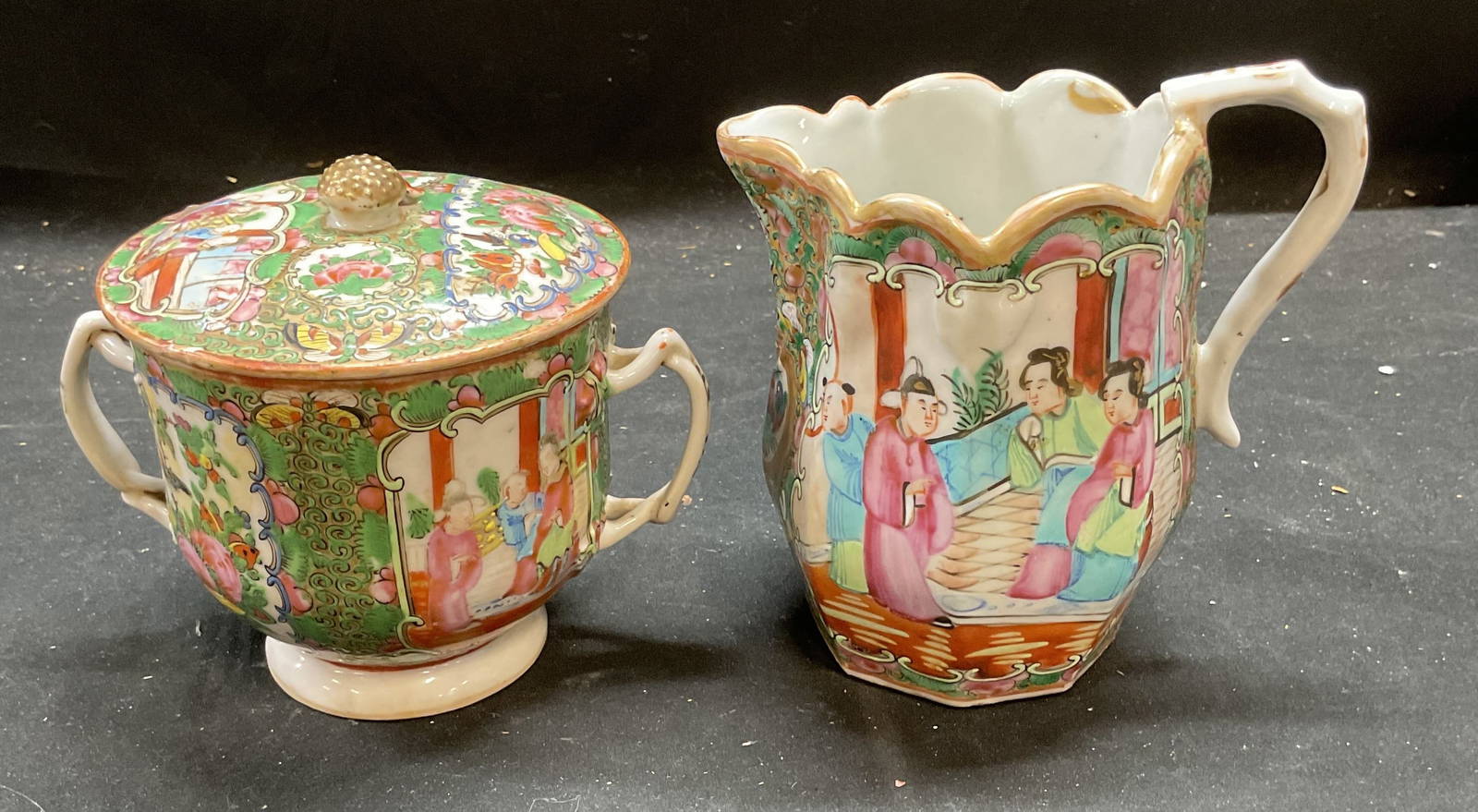 2Antq Ch Rose Medallion Porcelain Sugar&Creamer