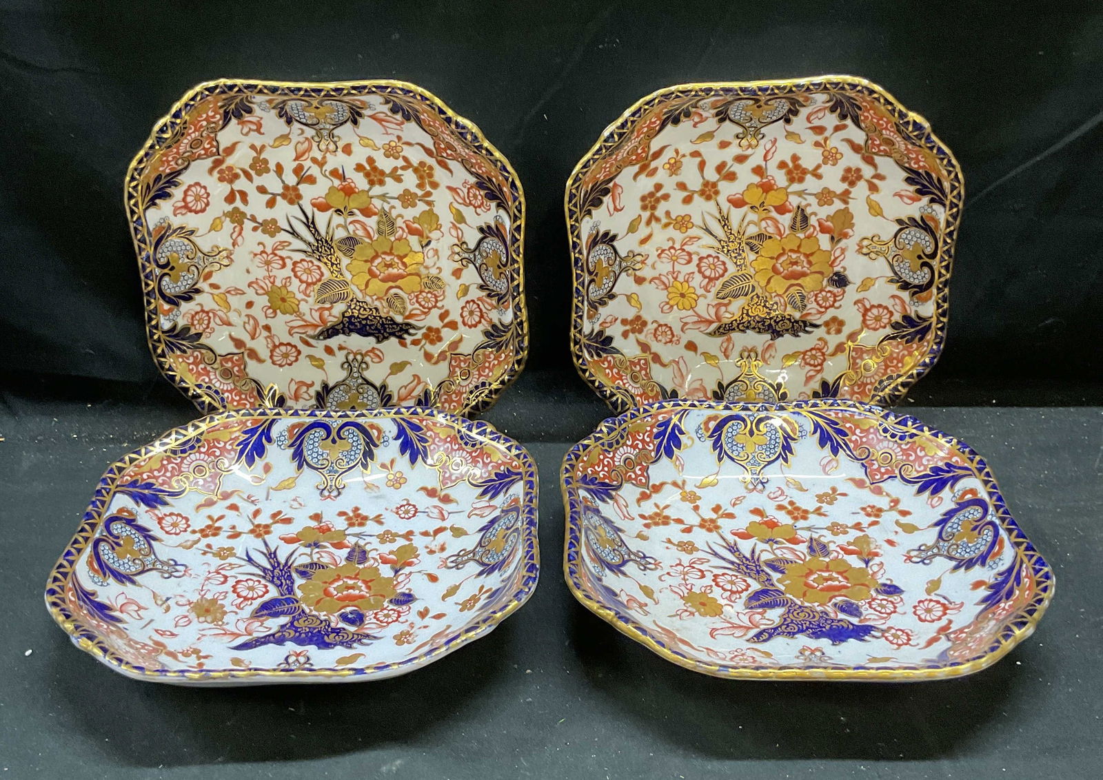 4 Antq Royal Crown Derby Kings Imari Dishes: Set of 4 antique Royal Crown Derby fine bone china serving dishes. Kings Imari patterns. Signed with backstamp and impressed Derby marks. Palette of blue and red with gilt decoration. Hand painted det