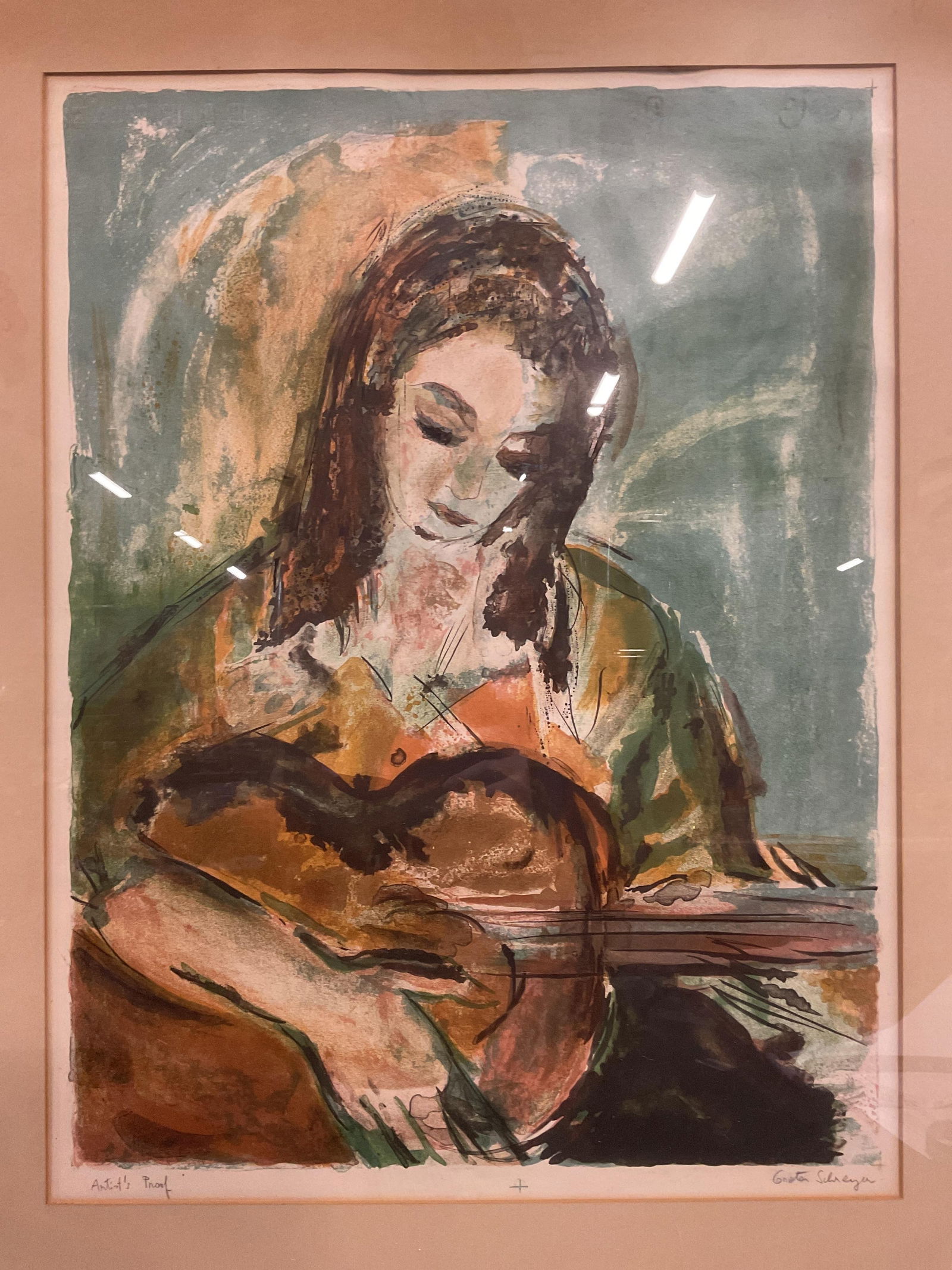 Signed Schreyer Woman & Mandolin Lithograph (1 of 7)