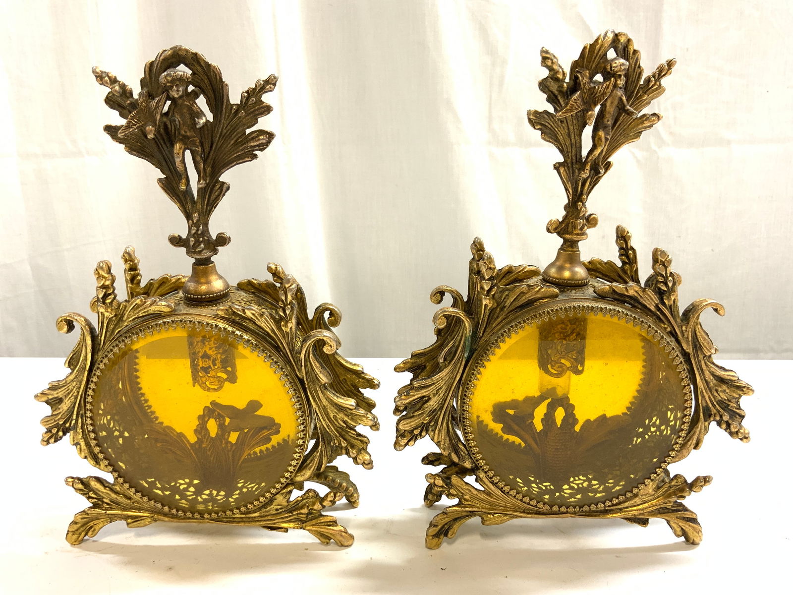 Vtg Pr Brass & Amber Gls Ormolu Perfume Bottles (1 of 10)