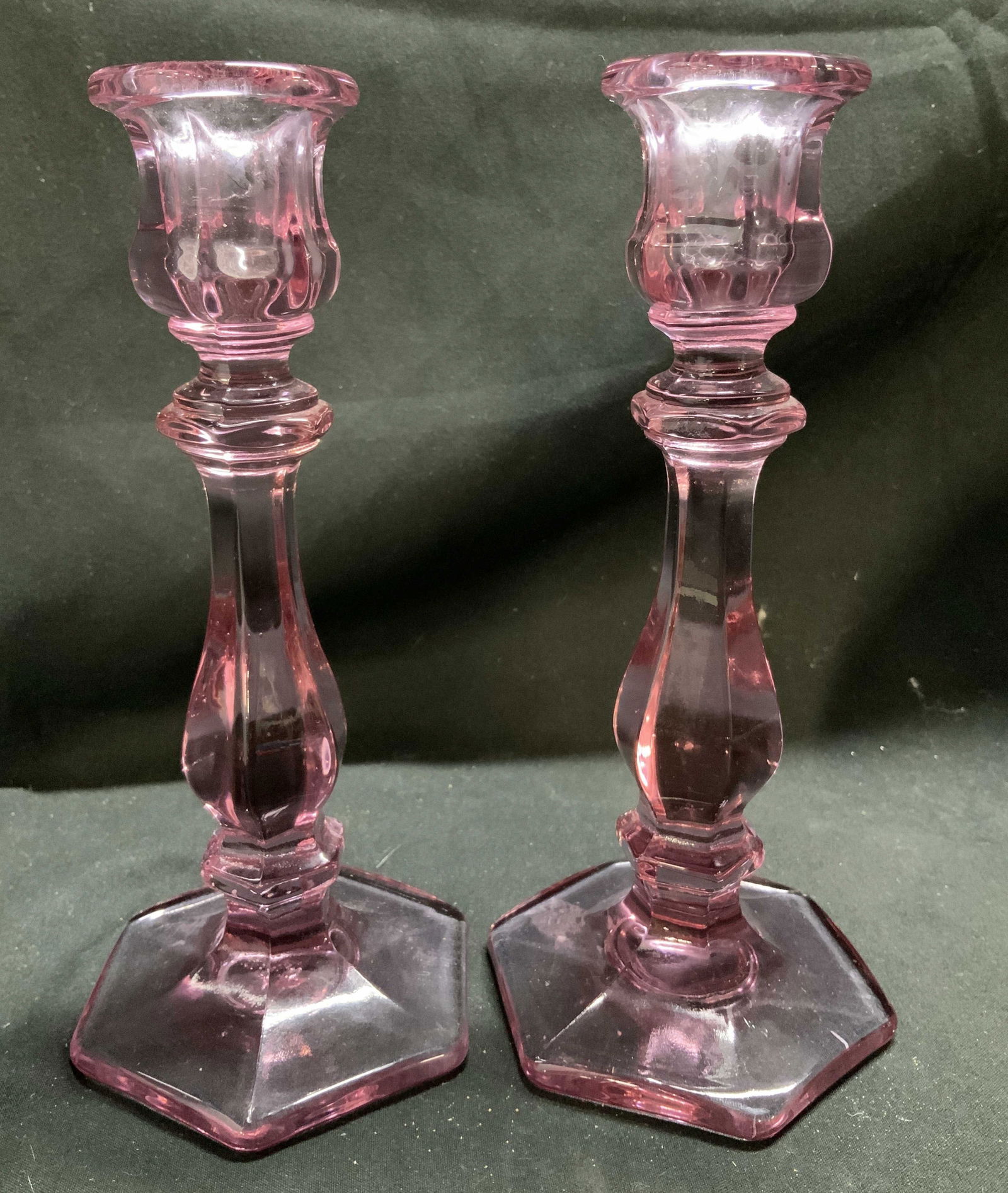 MCM Pair Pink Multi-Faceted Glass Candlestick Hldr (1 of 6)