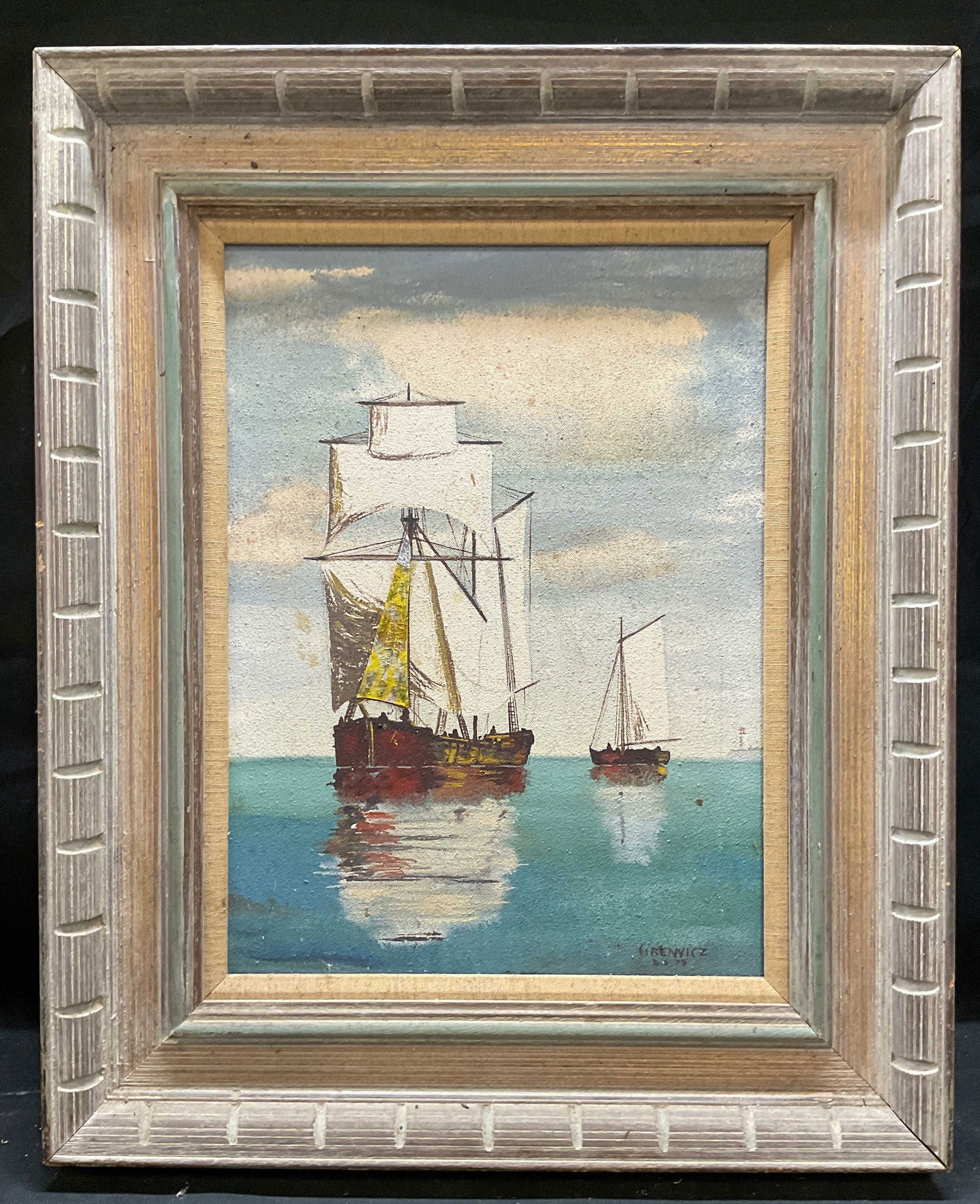 Framed Signed Ships Mixed Media Oil Painting (1 of 6)