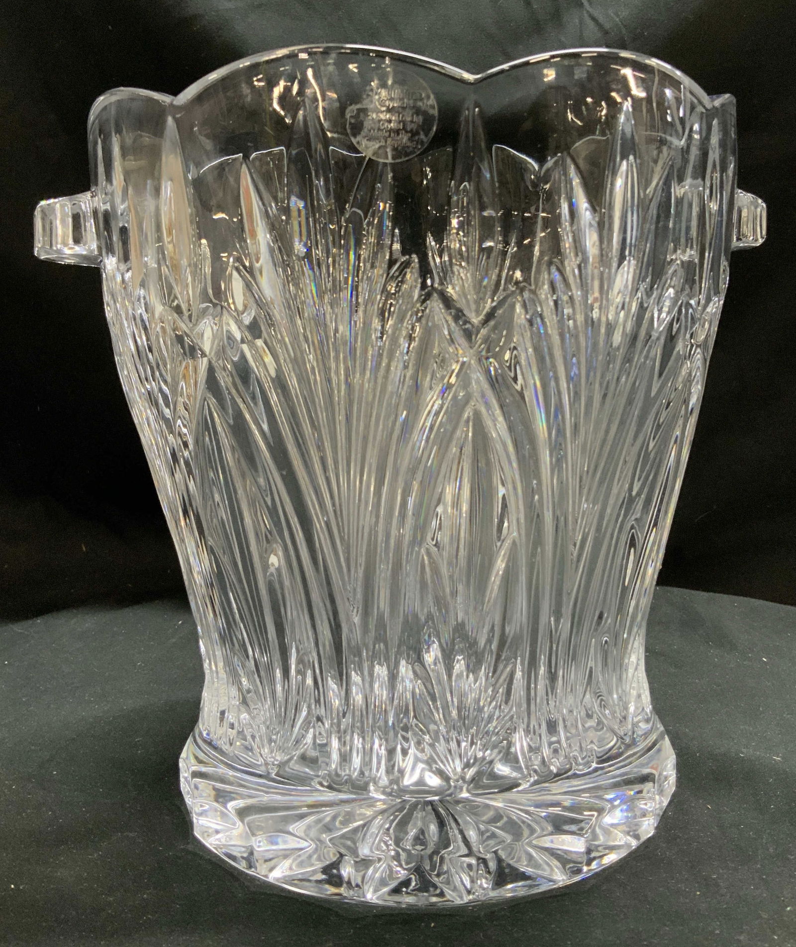 Royal Limited Crystal Champagne Bucket CZECH REPU: Royal Limited Crystal Champagne Bucket CZECH REPU Champagne bucket featuring clear cut patterns with a scalloped rim & a sturdy thick base. Bucket features two clear handles. Signed & marked. Reads, R