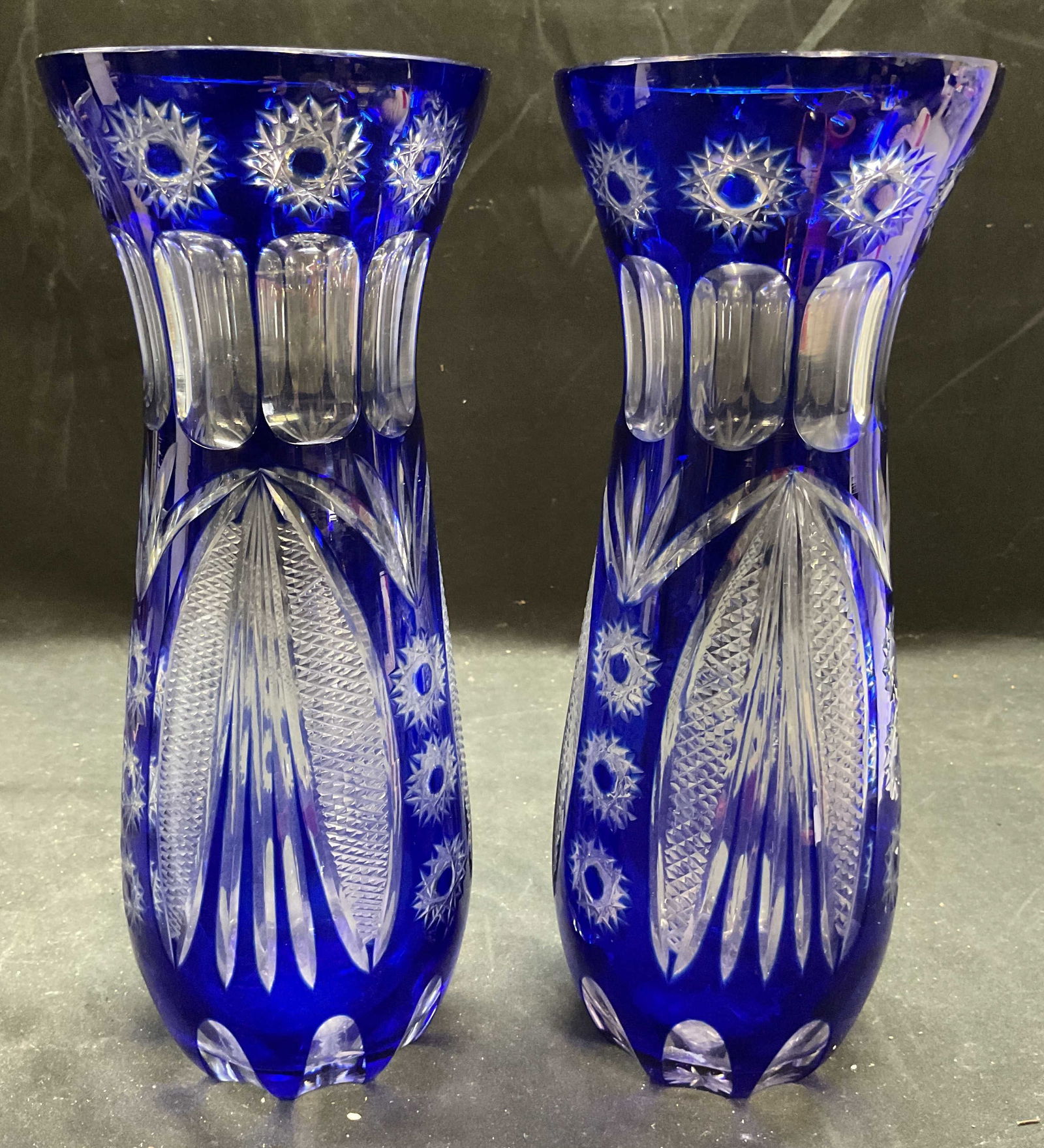 Pair Cobalt to Clear Cut Crystal Vases (1 of 6)