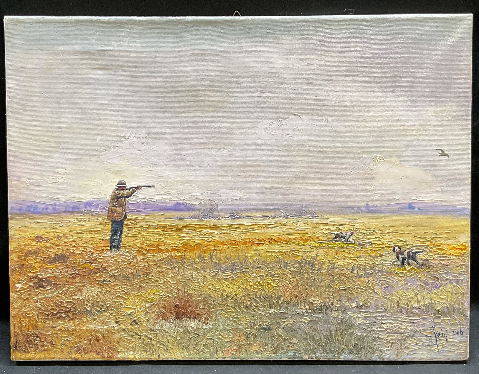 Signed Hunting Scene Game Bird Oil Painting: Signed oil on canvas painting. Signed lower right, illegible. Stamped on verso, illegible. Hunting scene. Man aiming at game bird with hunting dogs. Measures approx 17.5 x 23.5 inches. Some wear consi