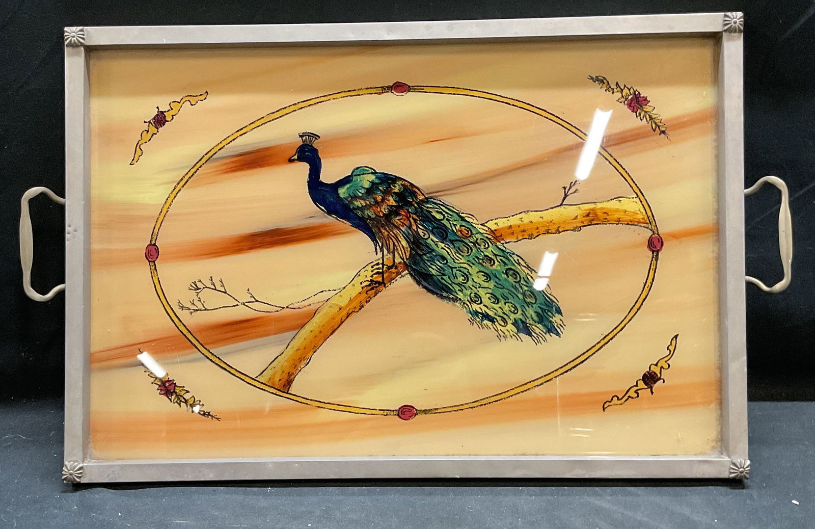 Vtg Reverse Painted Glass Silver Tn Peacock Tray (1 of 6)