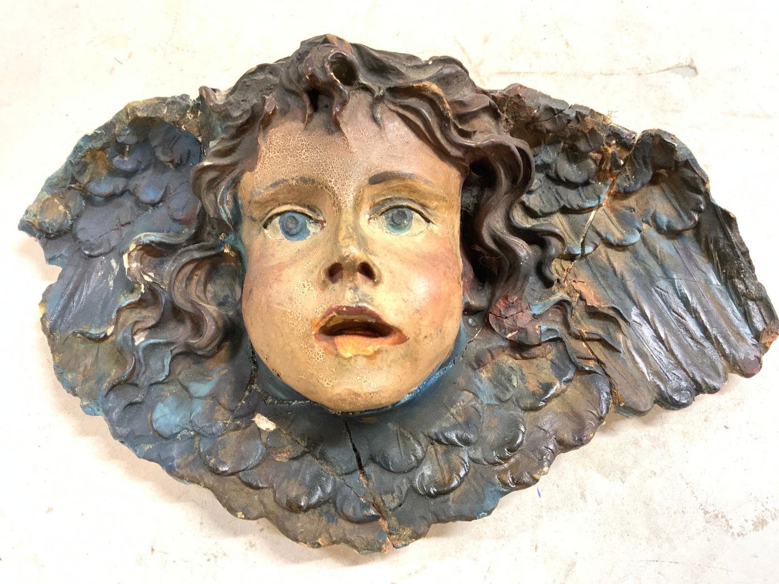 Antq Plaster Cherub Head W Wings Wall Hanging (1 of 8)