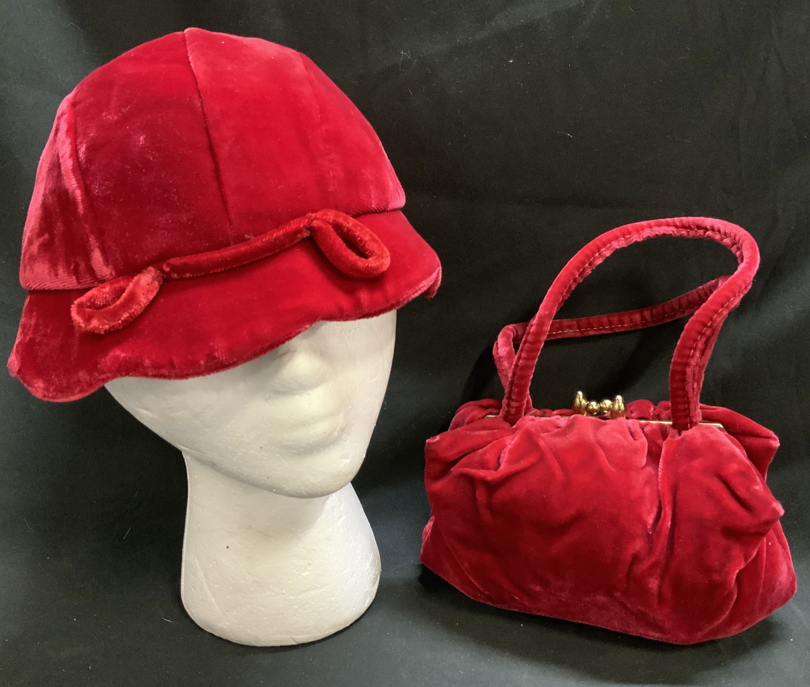 Lot 2 Vntg Red Velvet Cloche & Velvet Evening Bag (1 of 9)