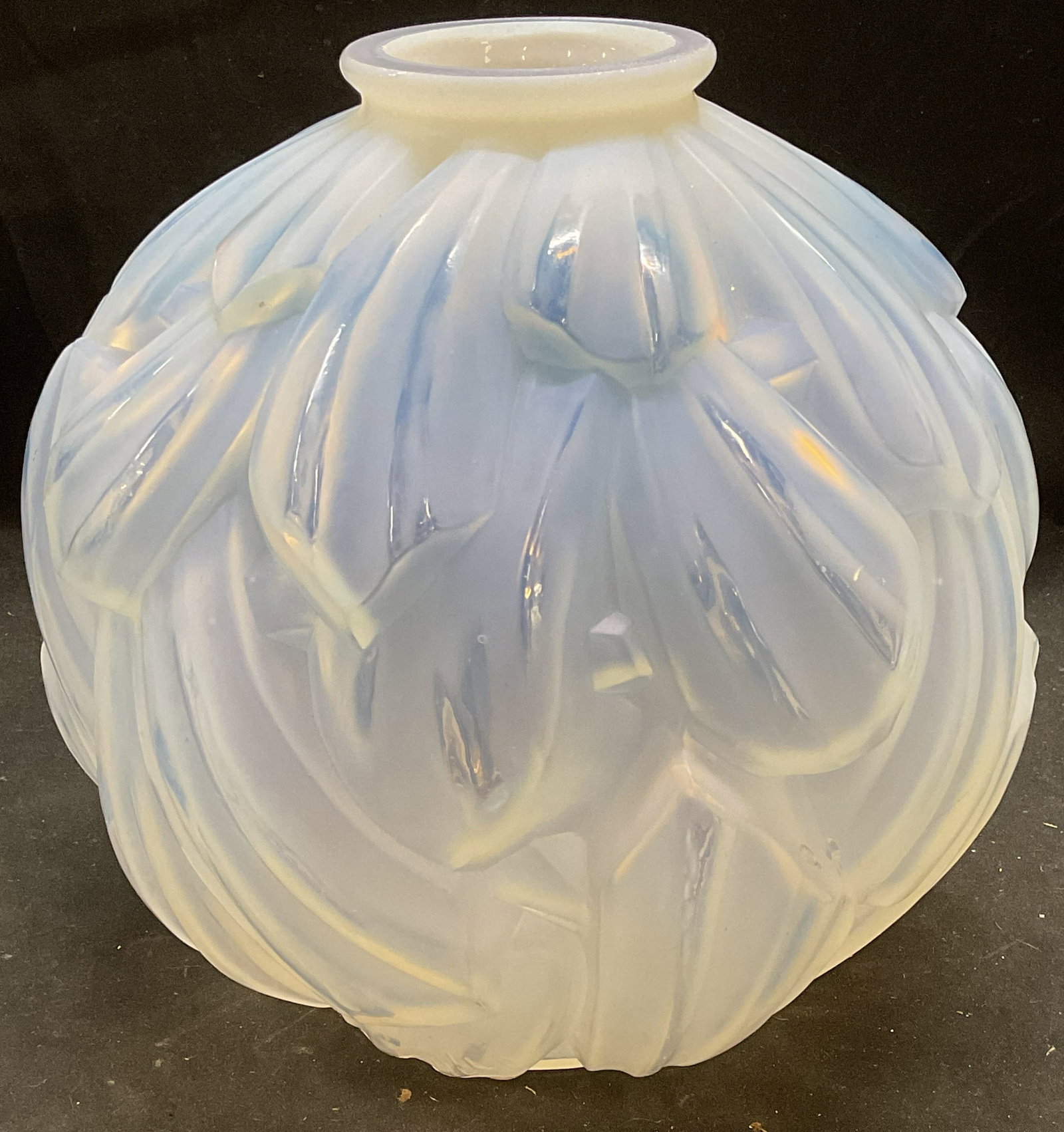 Carrillo Art Deco Opaline Glass Vase, France: Vintage Carrillo art deco vase. Molded Opaline glass. Iridescent blue white toned. Overlapping geometric shapes. Made in France, c. 1930. Signed along side near base. Measures approx 7 x 7.5 inches. M