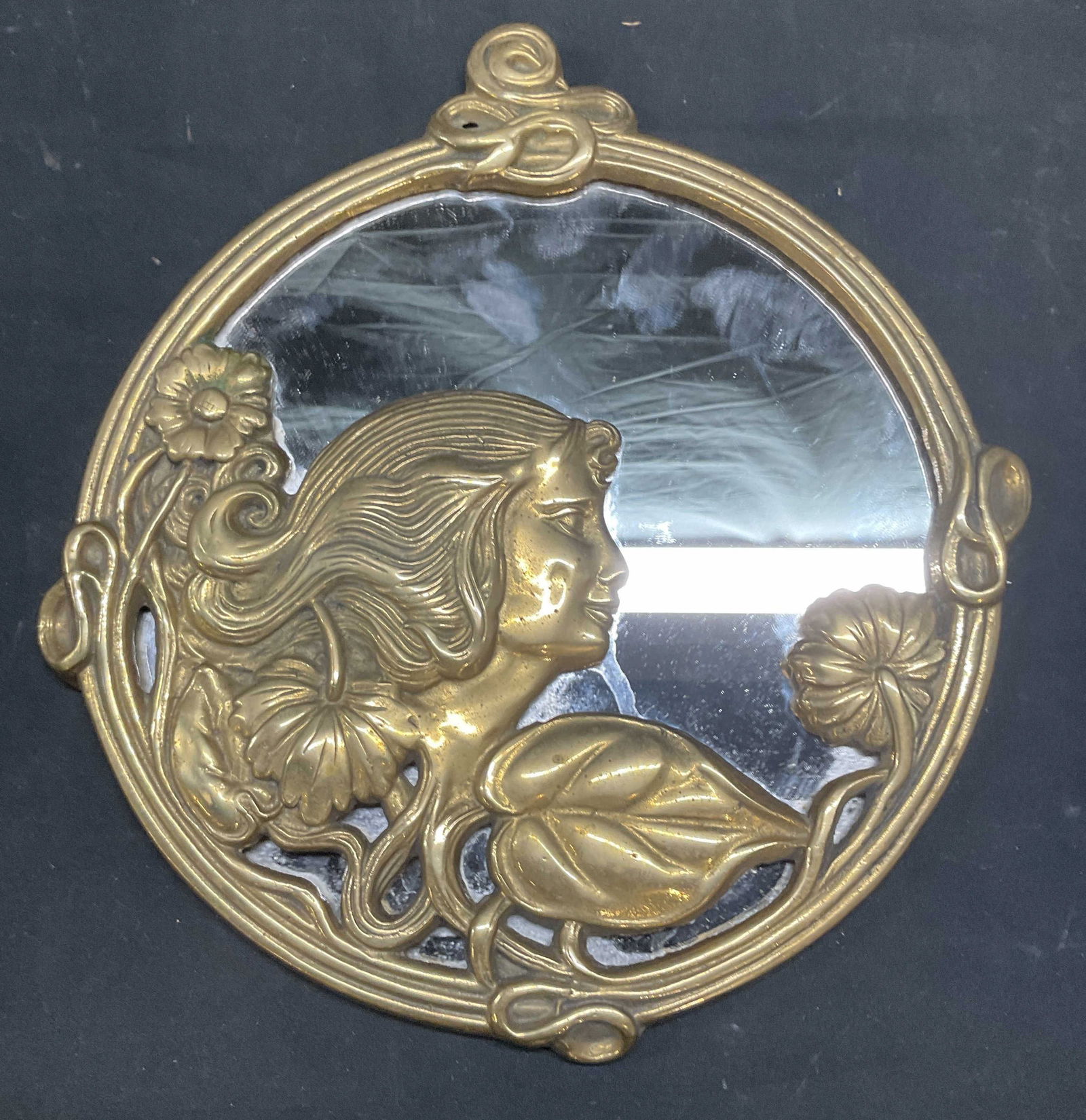 Art Nouveau Style Brass Figural Woman Mirror (1 of 6)