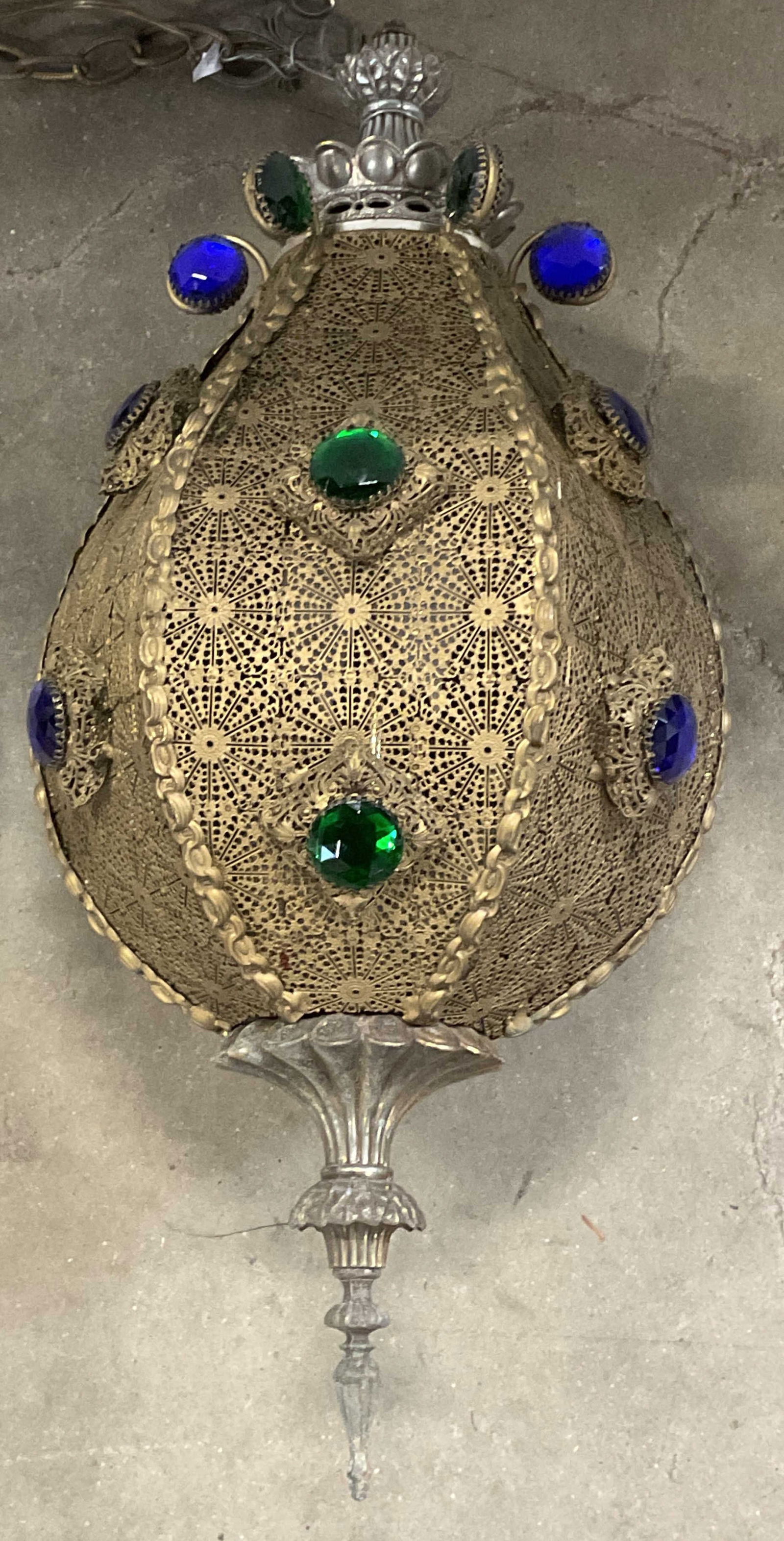 Vintage Gilt Metal Filigree Crystal Pendant Light (1 of 6)