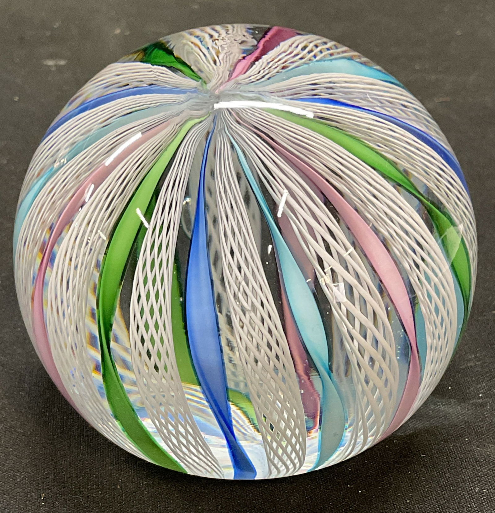 Murano Toso Art Glass Zanfirico Paperweight: Hand blown art glass paperweight. Attributed MURANO designed by Fratelli Toso. Zanfirico Latticino design. Clear glass with pastel blue, green, pink and white. N9 visible marks or signatures. Measures