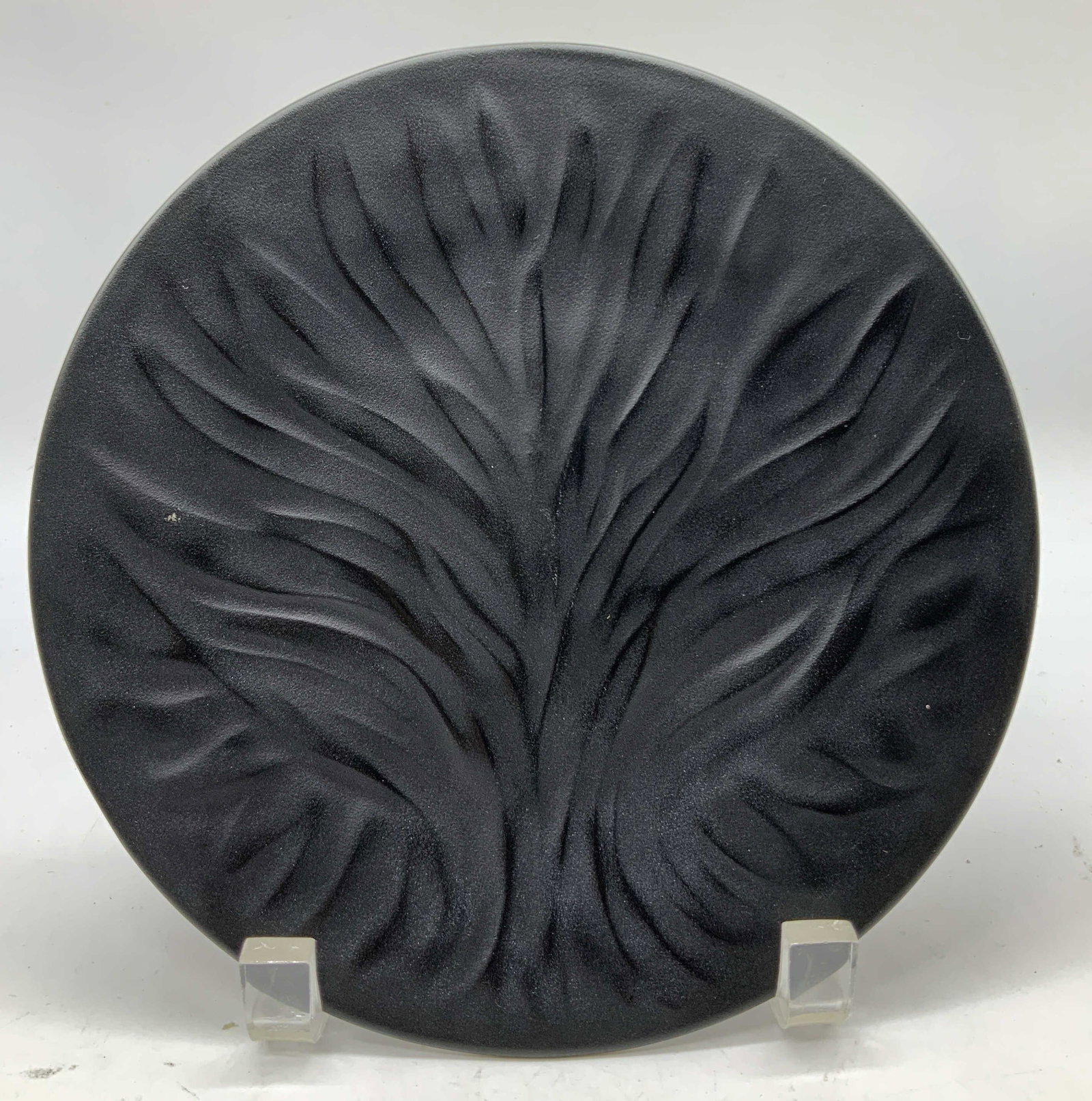 Lalique Tree of Life Crystal Black Plate FRANCE: Plate features a raised, molded design that depicts a stylized Tree of Life design. Plate is made of black crystal glass. Surface wear consistent to age, use & exposure. Measurements: length 7.8in x w