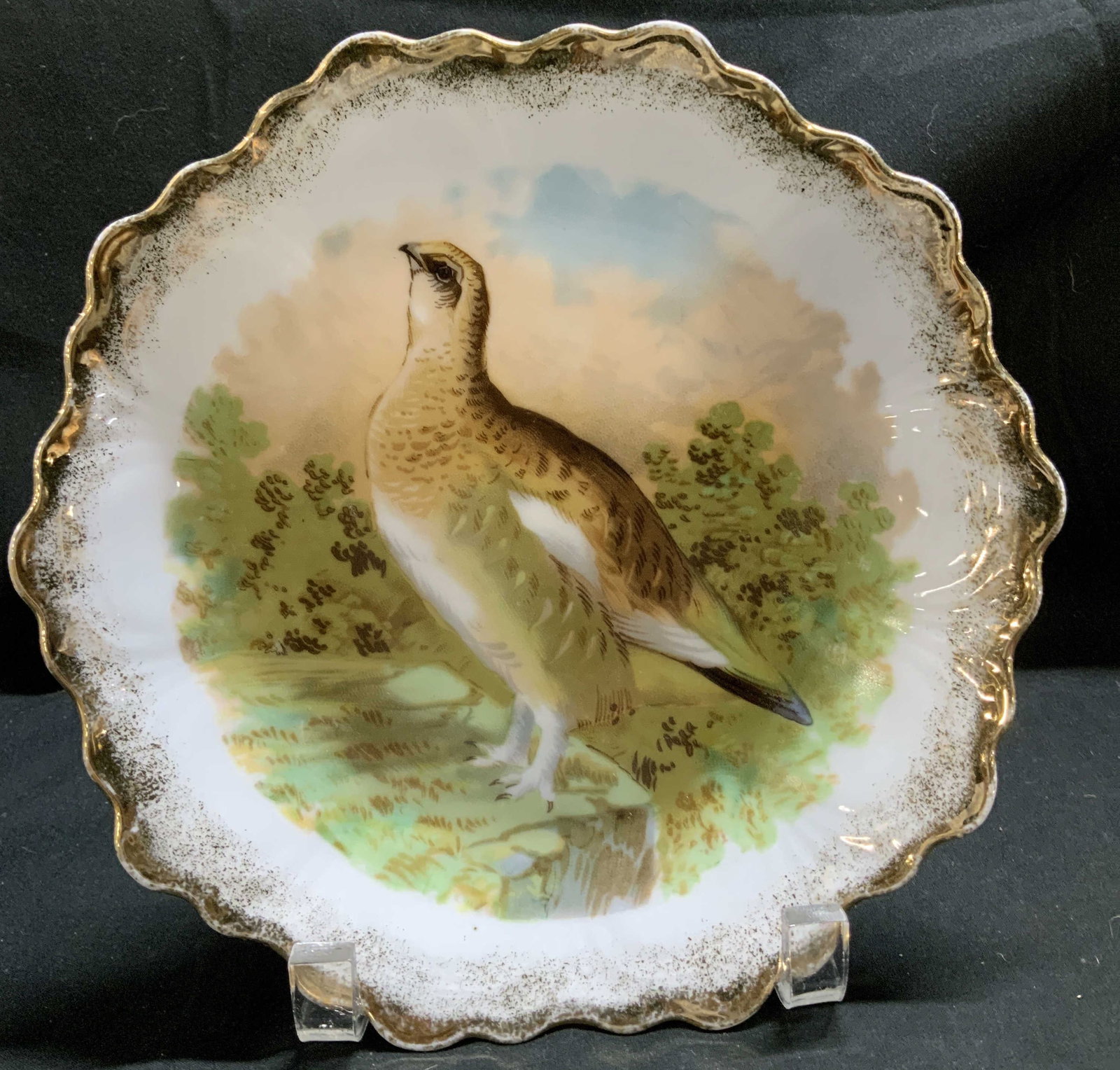 Vntg Zeh Scherzer & Co Quail Porc Plate BAVARIA: Decorative plate is porcelain & features a hand-painted quail game bird. Plate has a scalloped edge & gold accents. Signed & marked on underside. Reads, Z.S. &CO. (Zeh Scherzer & Co.) BAVARIA. Surface