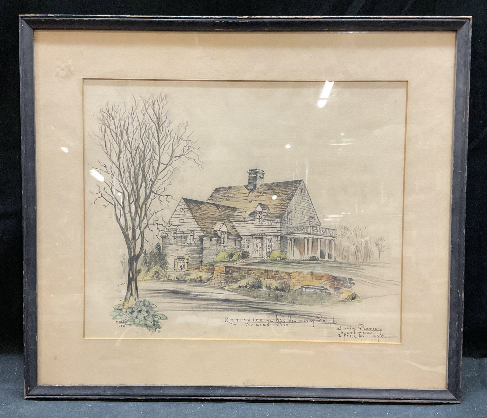 Framed W Ward Willoughby Smith House Watercolor: Framed and matted watercolor painting on board. Signed and dated lower left, W. Ward 1930. Residence of Mrs Willoughby Smith, Darien Connecticut. Architect Julius Gregory, New York City. Exterior view