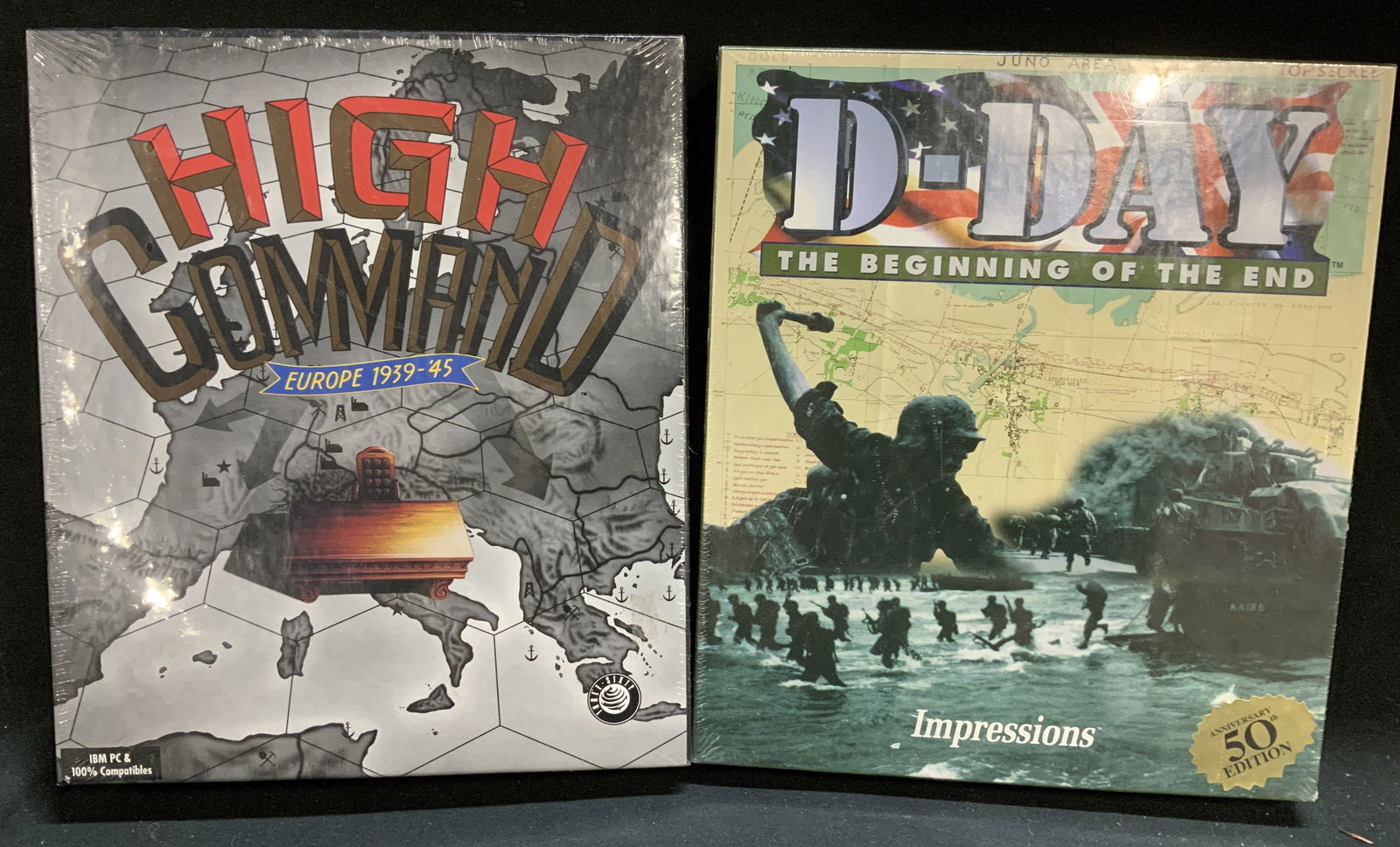 Lot 2 Vntg PC World War Strategy Games 1990s: Lot includes, D-Day The Beginning of the End 50th Anniversary Ed. (1994) & High Command: Europe 1939-45 (1993). Both NEW IN PLASTIC & are strategy games that simulate World War. Surface wear consisten