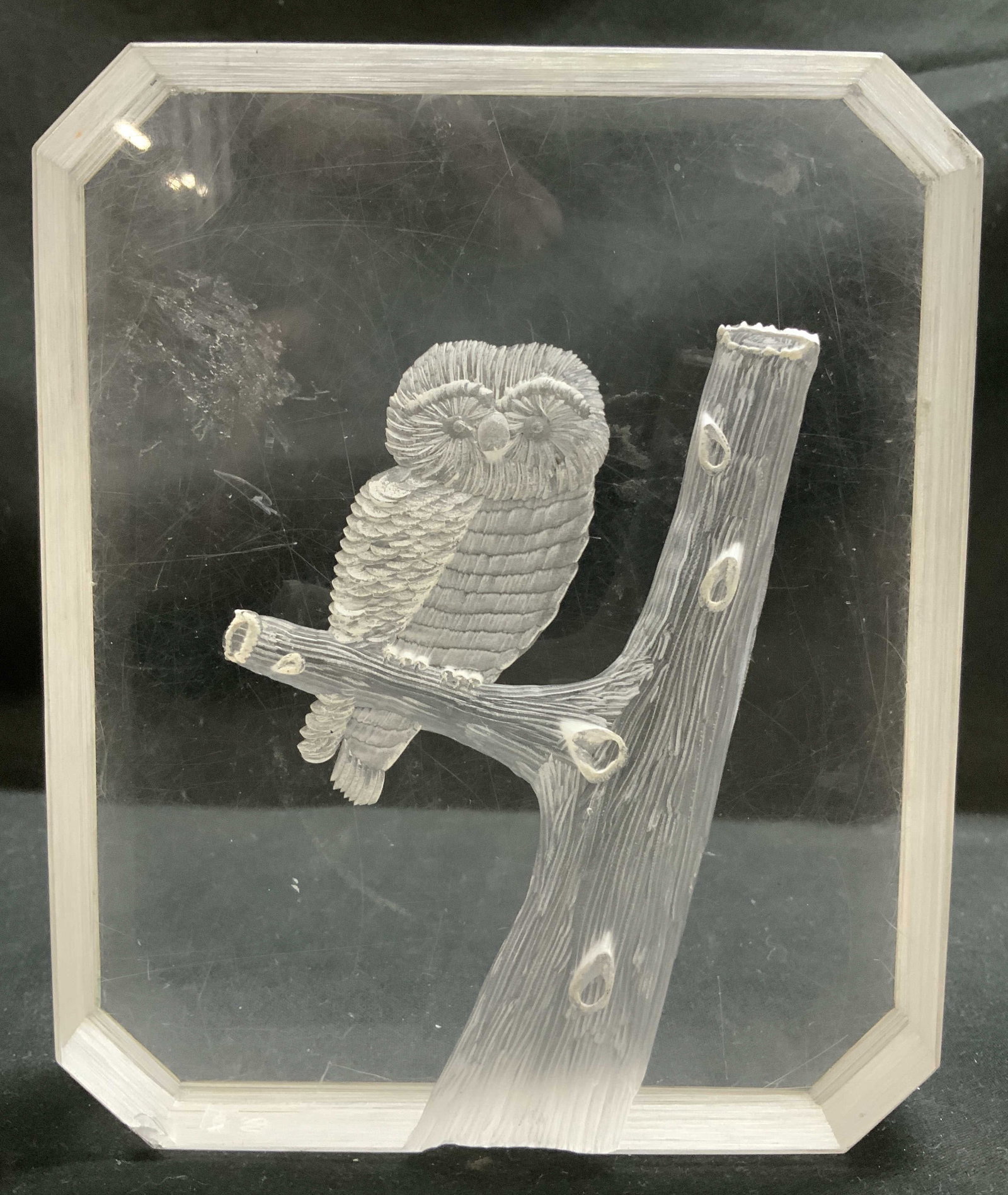 FOX Etched Owl On Branch Deco Acrylic Plaque: Plaque appears to be acrylic material & features a rectangular, beveled edge plaque with an etched owl perched on a branch. Owl has intricate details. Surface wear consistent to age, use & exposure. S