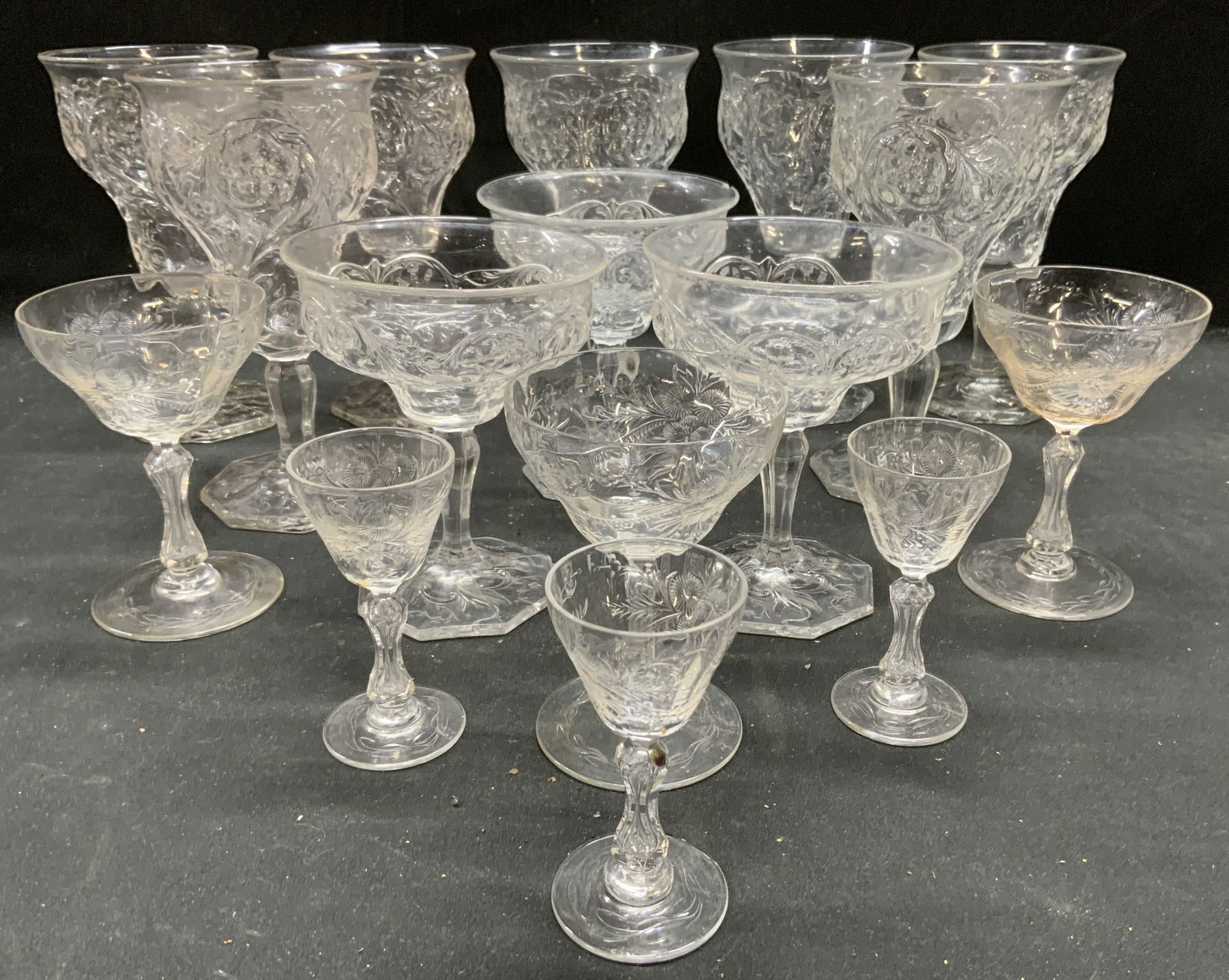 Lot 16 McKee Rock Crystal Water Goblets & More: Lot includes 7 water goblets, 3 dessert glasses 3 cordial glasses & 3 Sherbet goblets. Largest 10 pieces appear to be MCKEE ROCK CRYSTAL (No apparent markings). Water goblets measure approximately 6.2