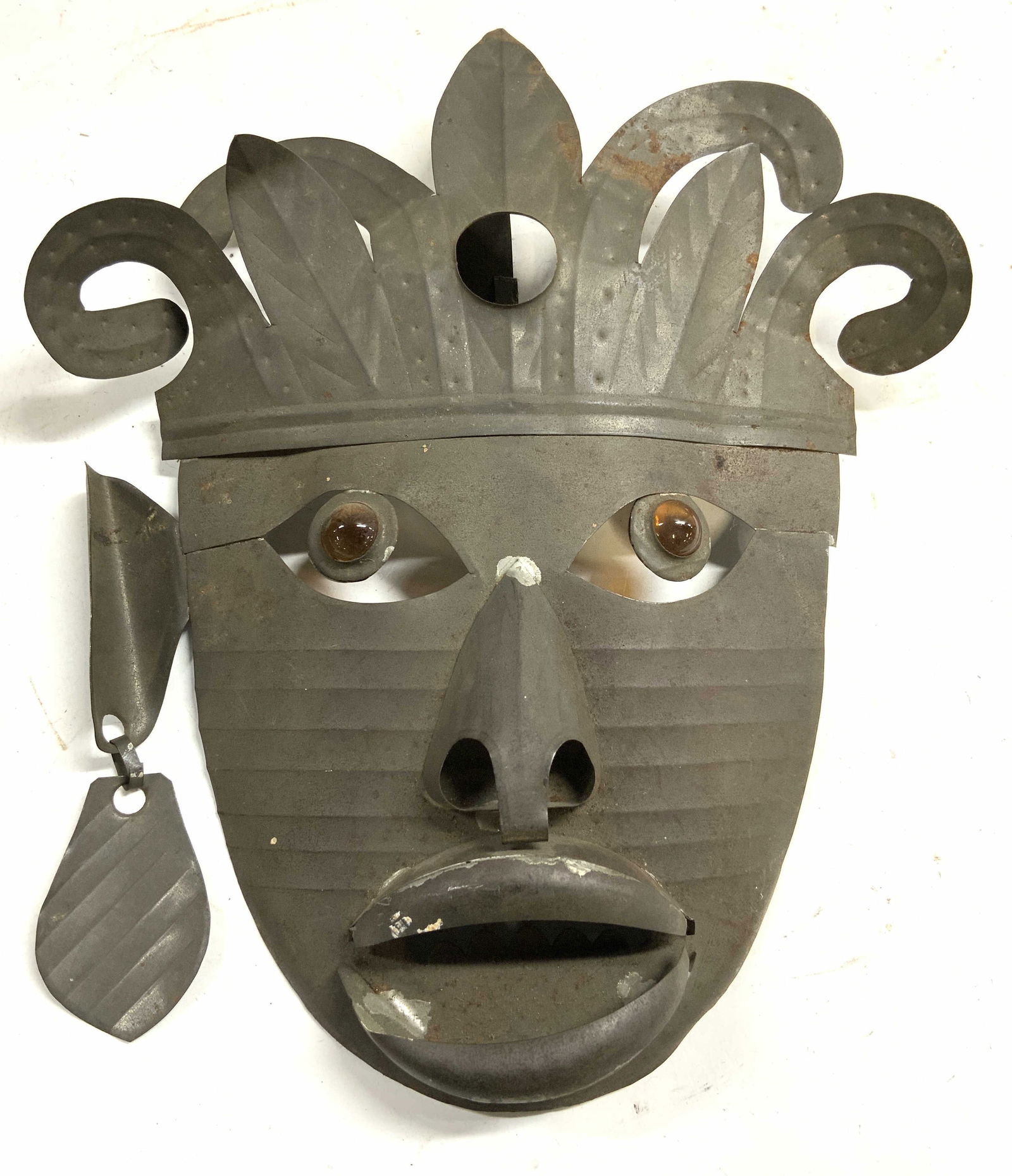 Vtg Mexican Tinwork Tribal Metal Mask Marble Eyes (1 of 6)