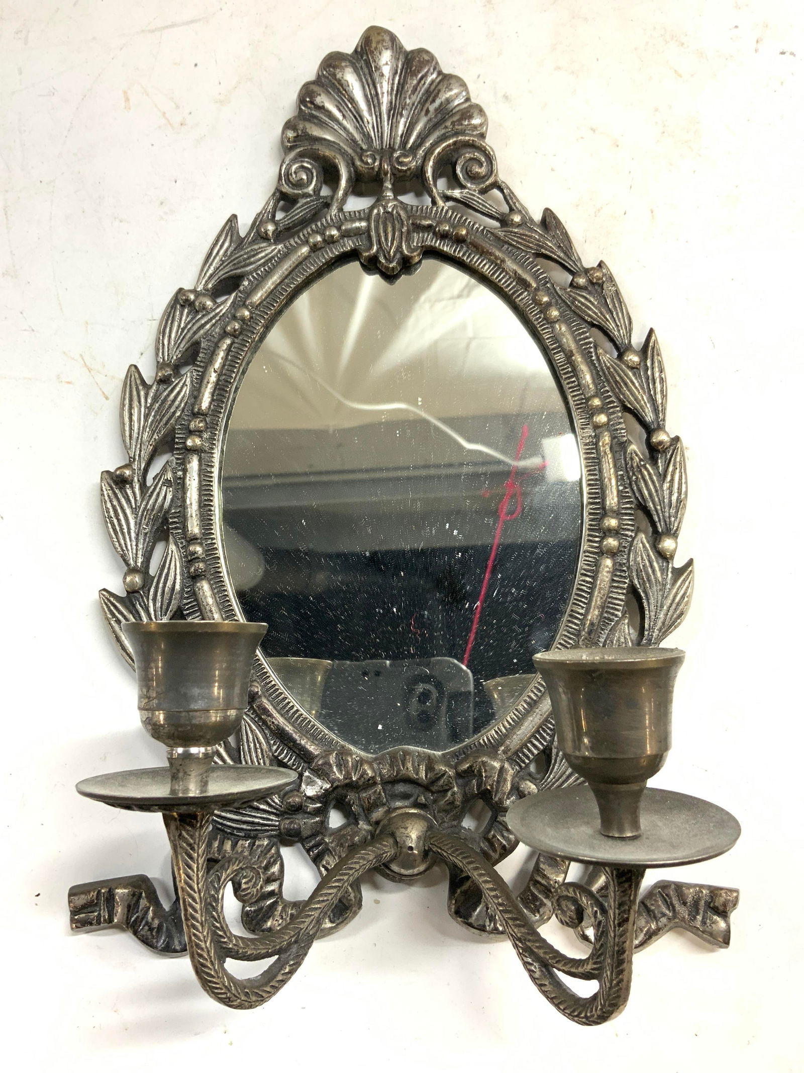 Vtg Ornate Pewter Frame 2 Arm Mirror Wall Sconce (1 of 7)