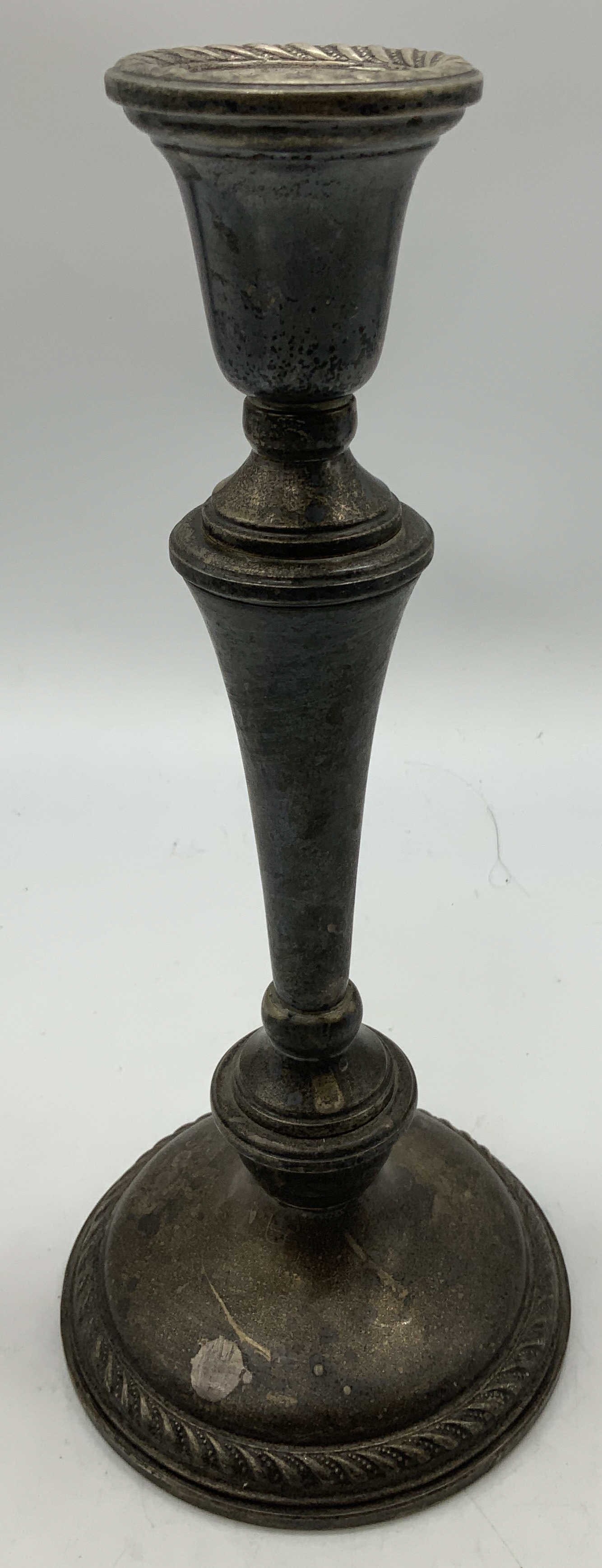 Vtg Kentshire Sterling Weighted Candlestick Holder: Candlestick holder has weight & features a tapered stem w a textured pattern around the edge. Signed & marked on underside. Reads, KENTSHIRE STERLING WEIGHTED. Surface wear consistent to age, use & ex