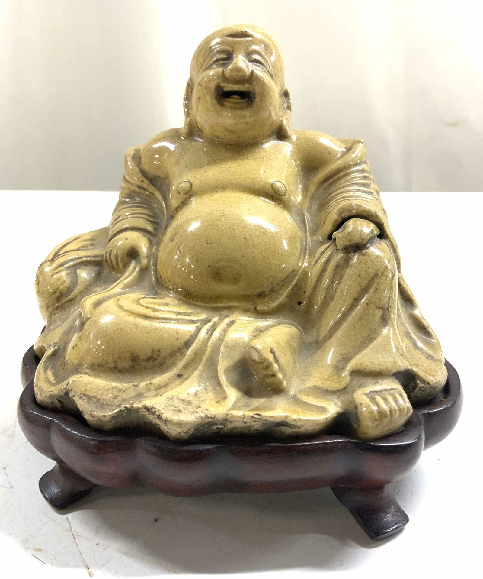 Vtg Ceramic Laughing Buddha W Wood Stand