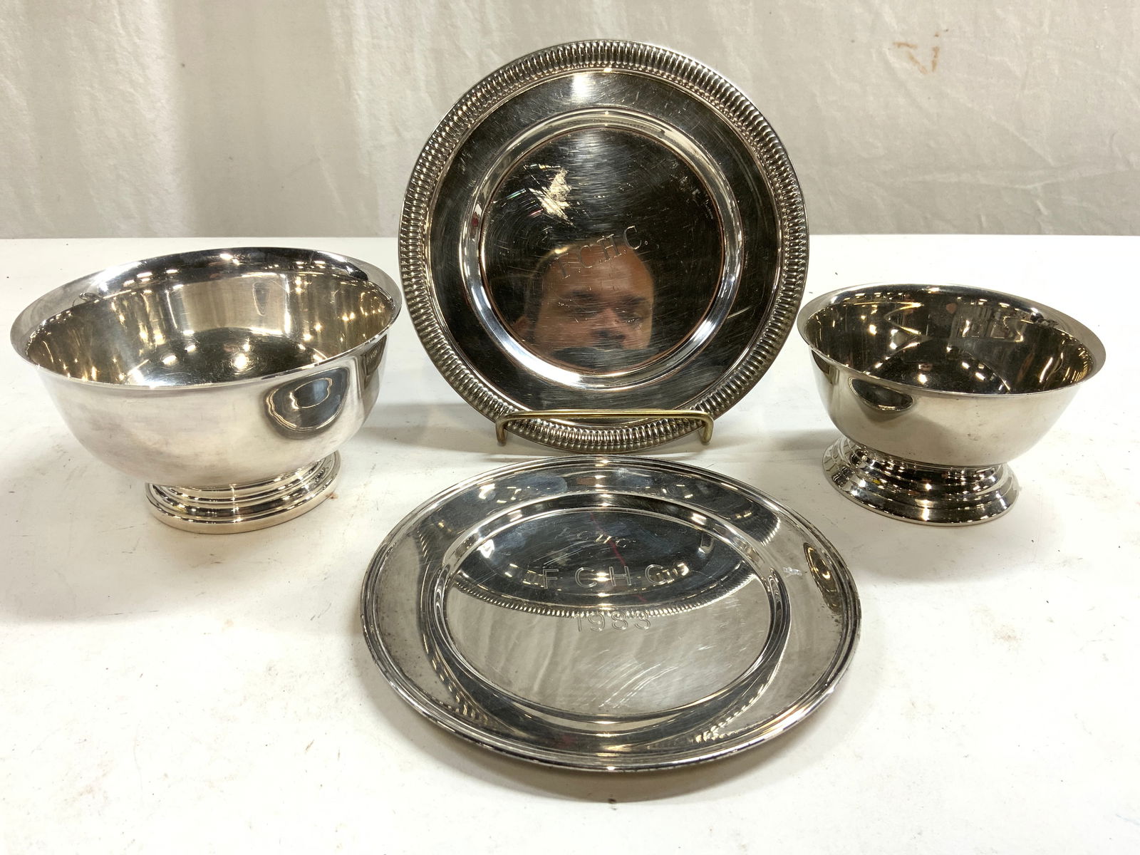 4 Vntg Silver Pl Tableware, GORHAM, Sheridan+: Lot includes 2 footed bowls. Each silverplate. Lot also includes 2 plates/coasters. One monogrammed FCHC the other monogrammed FCHC 1983. Each piece is lot appears to be silverplate. Lot includes trad