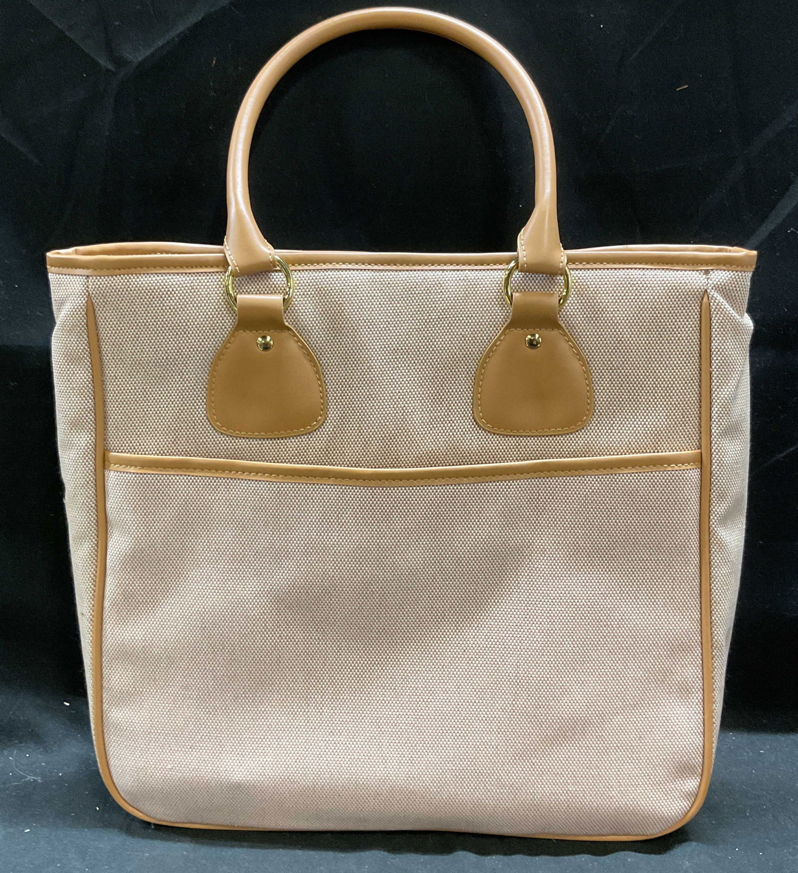 Estee Lauder Tan Faux Leather Fabric Handbag NWOT: Estee Lauder tan fabric handbag with faux leather trim and matching pouch. Signed on tag. Exterior pocket. Measures approx 12 x 3 x 12 inches. New without tag. Estee Lauder handbag, Estee Lauder, hand