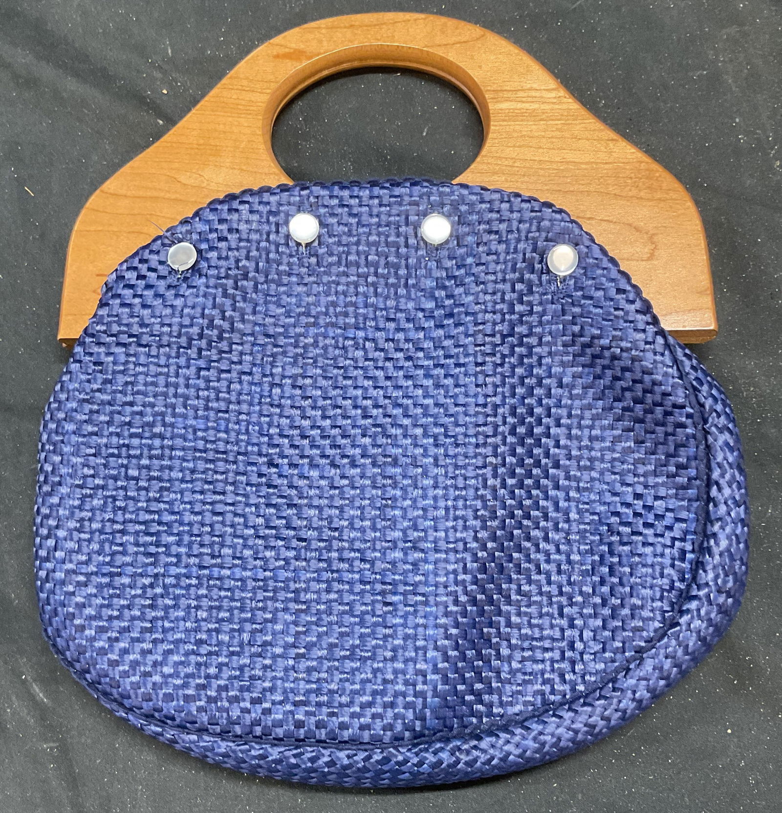 Jeannie Bouchever Straw & Fabric Wood Handbag: Vintage Jeannie Bouchever wood handle handbag with woven blue straw and frog print reversible cover and pink fabric cover. Covers are interchangeable. Signed. Measures approx 11.5 x 10 inches includin