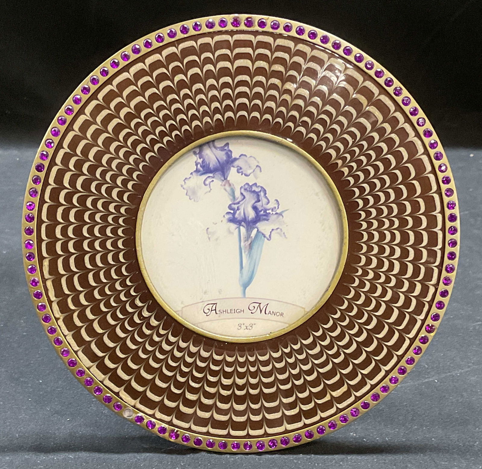 Ashleigh Manor Enameled Crystal Picture Frame: Ashleigh Manor picture frame. Signed on label. Round enameled metal frame with feather pull design in brown and cream and purple crystal border. Image window 3 x 3 inches. Frame approx 5.75 inches wid