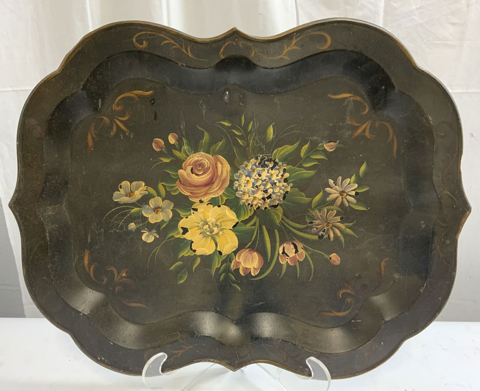 Vtg Hand Painted Floral Toleware Serving Tray (1 of 7)