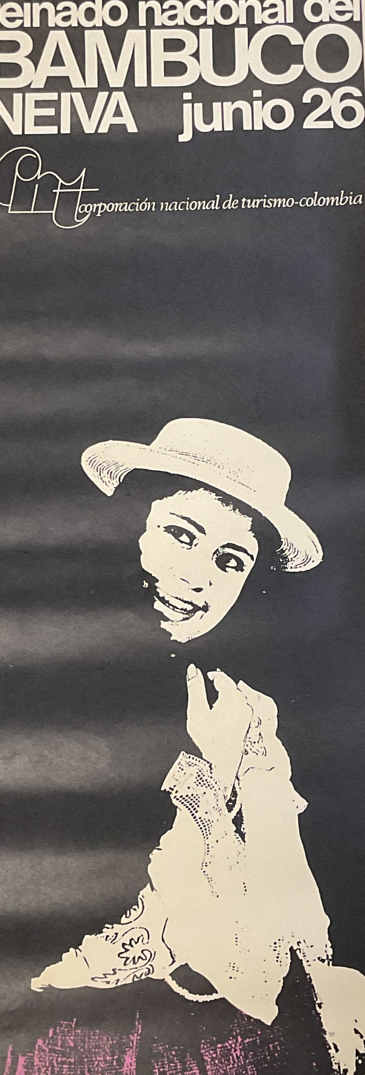 National Bambuco Festival Litho Poster, Colombia: Offset Lithograph poster on paper. National Bambuco Pageant and Folkloric Festival. Neiva, Colombia. Image of a woman. Print date unknown. Printed by Italgraf in Colombia. Measures approx 38.5 x 13.5