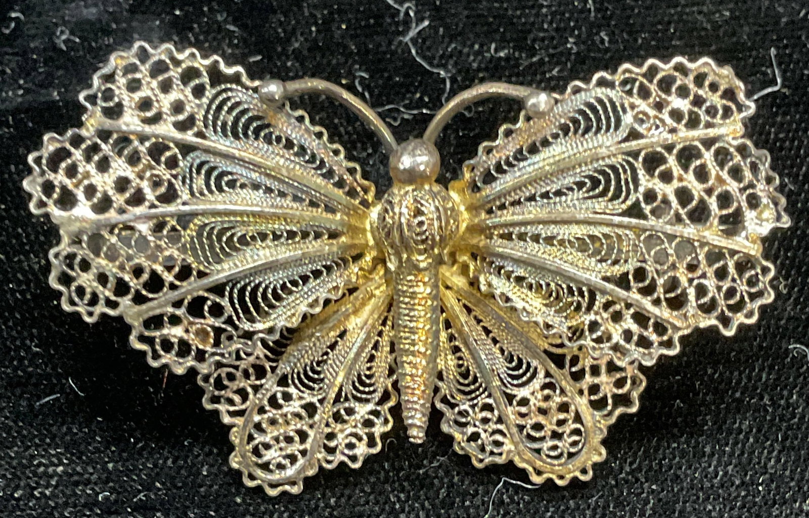 Vintage 800 Silver Filigree Butterfly Brooch: Vintage 800 silver filigree butterfly brooch. Marked 800. Additional mark illegible. Measures approx 1 x 2 inches. Total weight 8.3 grams. Some scratching and patina. Jewelry, estate jewelry, fine jew