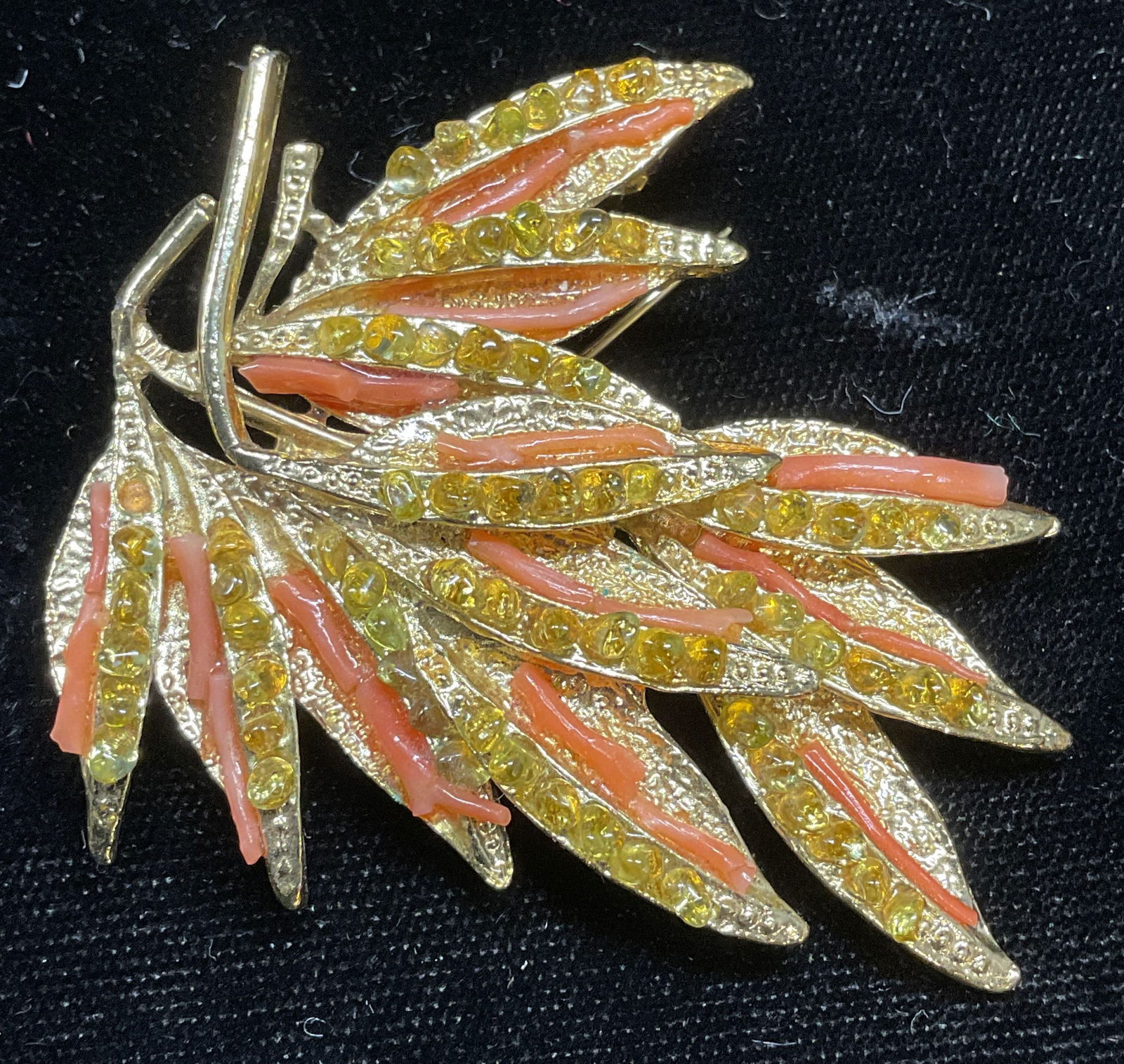 Gold Tone Semiprecious Coral Leaf Brooch (1 of 6)