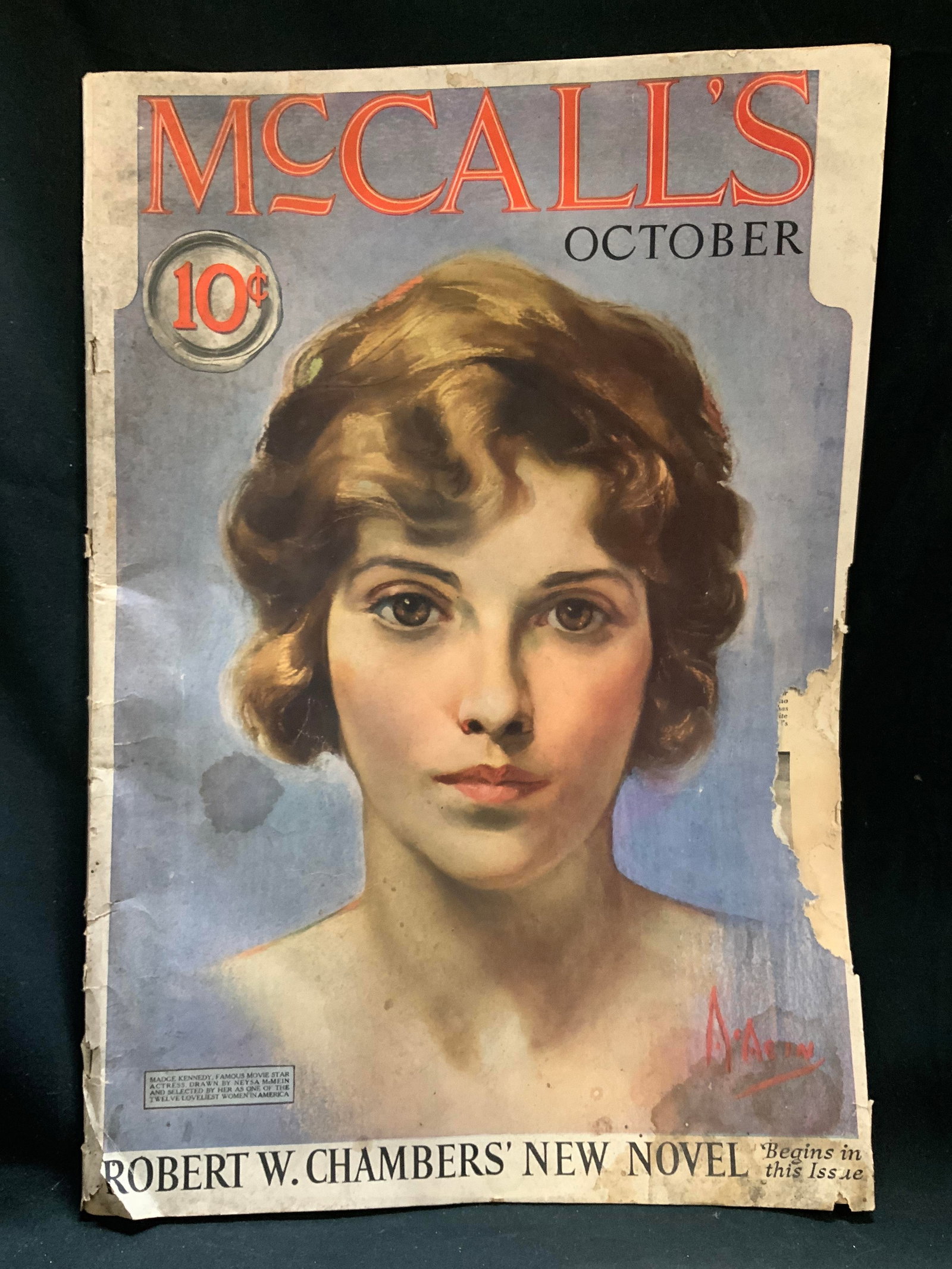 1923 McCalls Volume LI. No.1 Illustr Magazine: Vintage magazine cover for an issue of McCalls from October, 1923. McCalls was a popular American womens magazine published from 1870 to 2002. Front cover features an image of a woman & advertises ROB