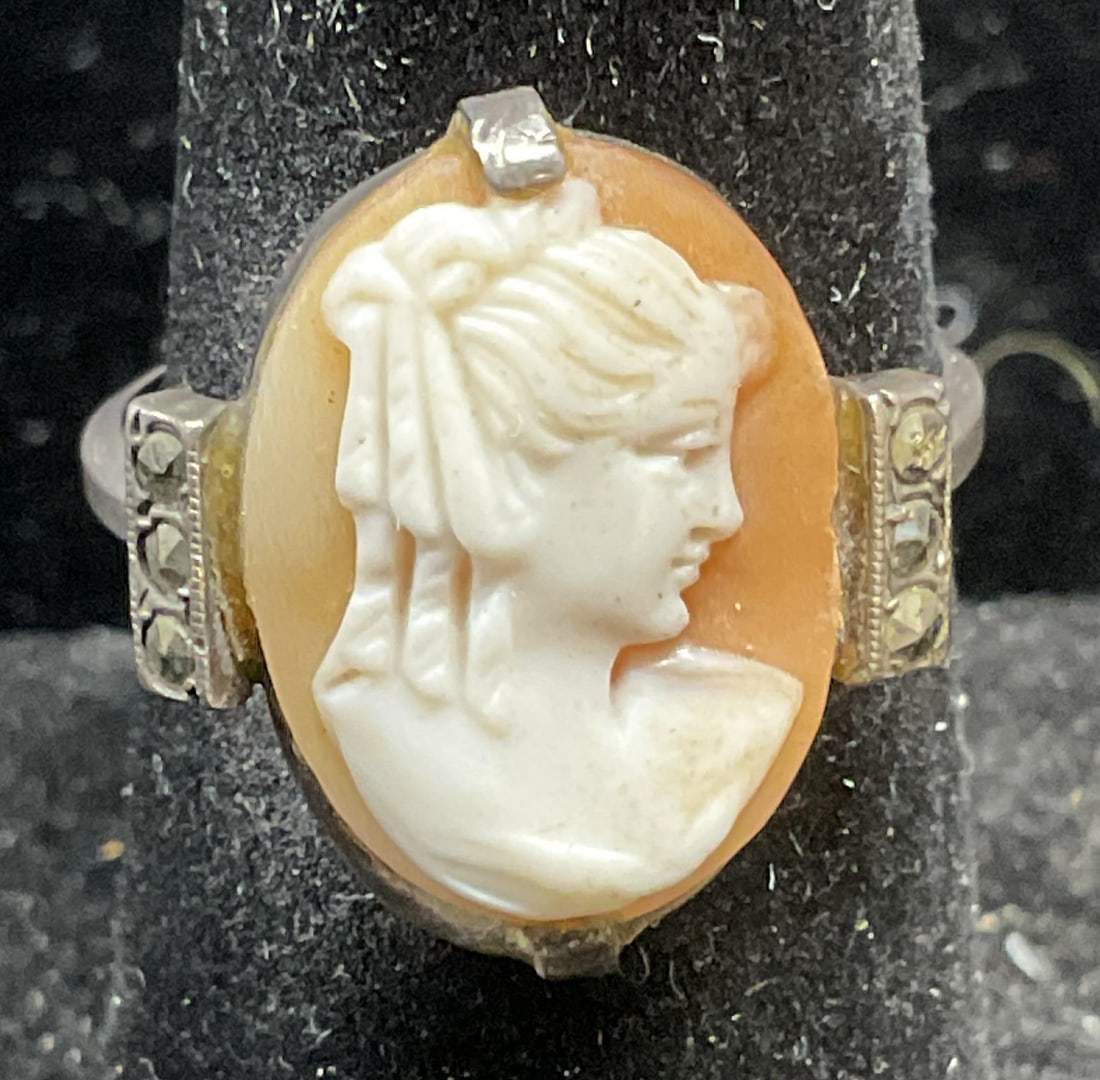 Vintage 830 Silver Marcasite Shell Cameo Ring (1 of 6)
