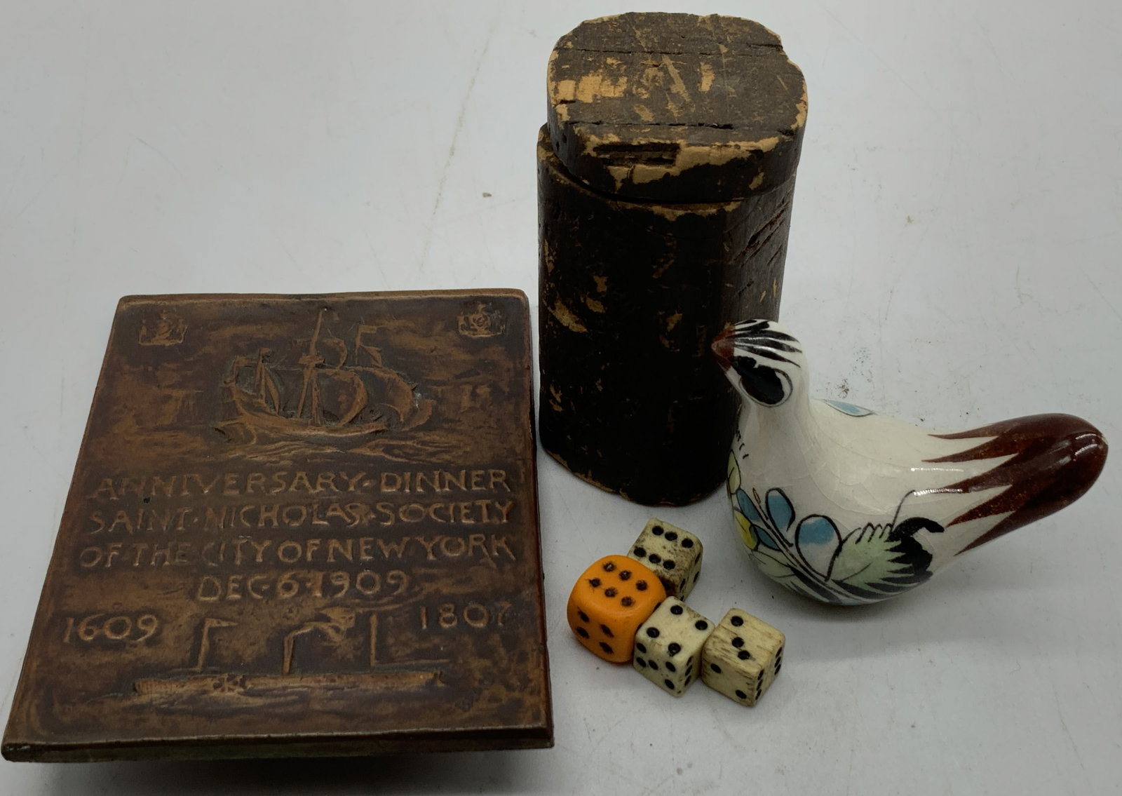 Lot3 Snt.Nicholas Medal, Bistro Game & More MEXICO: Lot includes, commemorative medal from the Saint Nicholas Society of the City of New York. The medal commemorates an anniversary dinner held on December 6, 1909. Lot also includes, antique Old bistro 