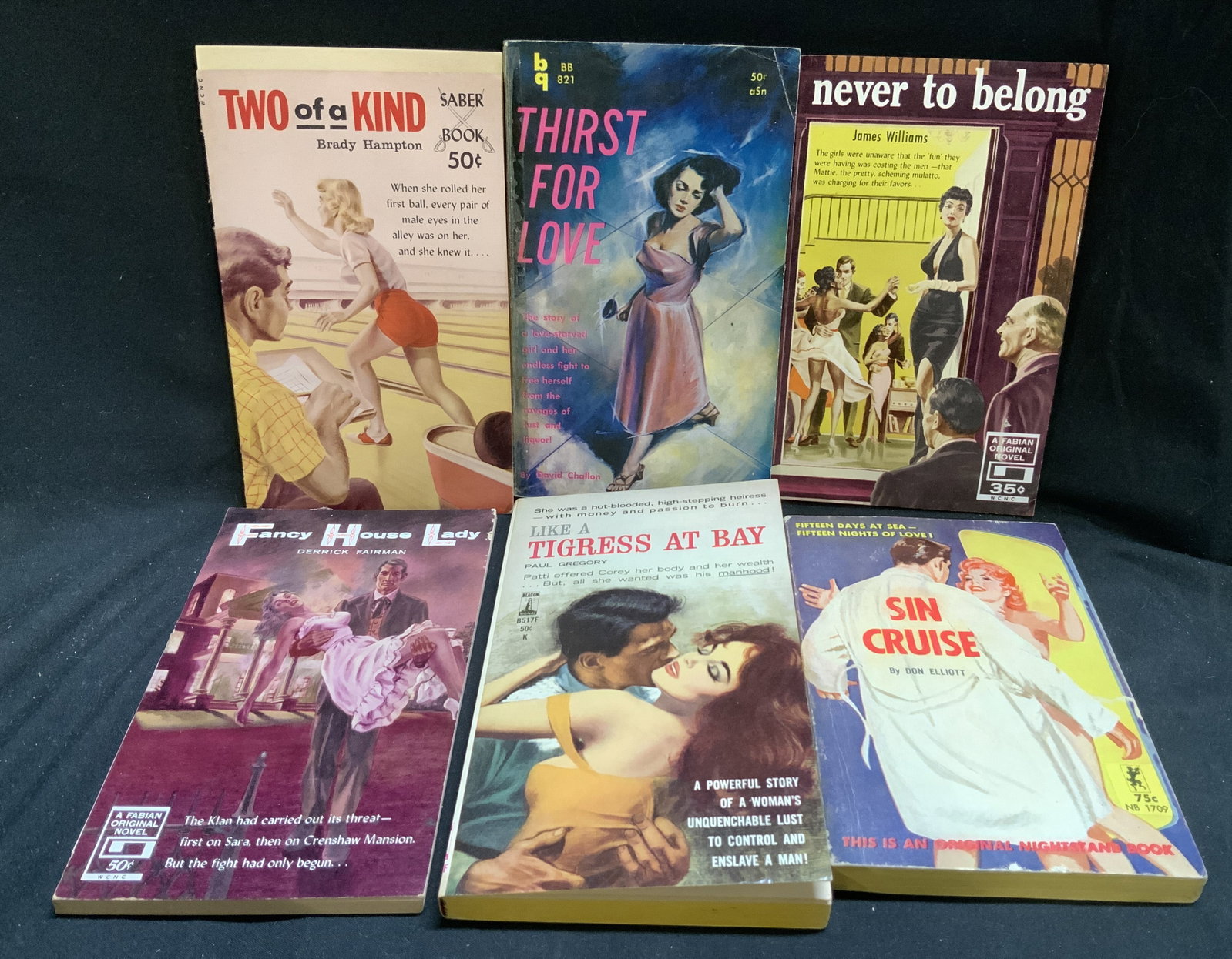 Lot 6 Pulp Fiction Erotic Books 1960s GREGORY+: Lot 6 Pulp Fiction Erotica Books 1960s GREGORY+ Lot includes, Like A Tigress At Bay by Paul Gregory, Fancy House Lady by Derrick Fairman, Sin Cruise by Don Elliott, Thirst For Love by David Challon, T