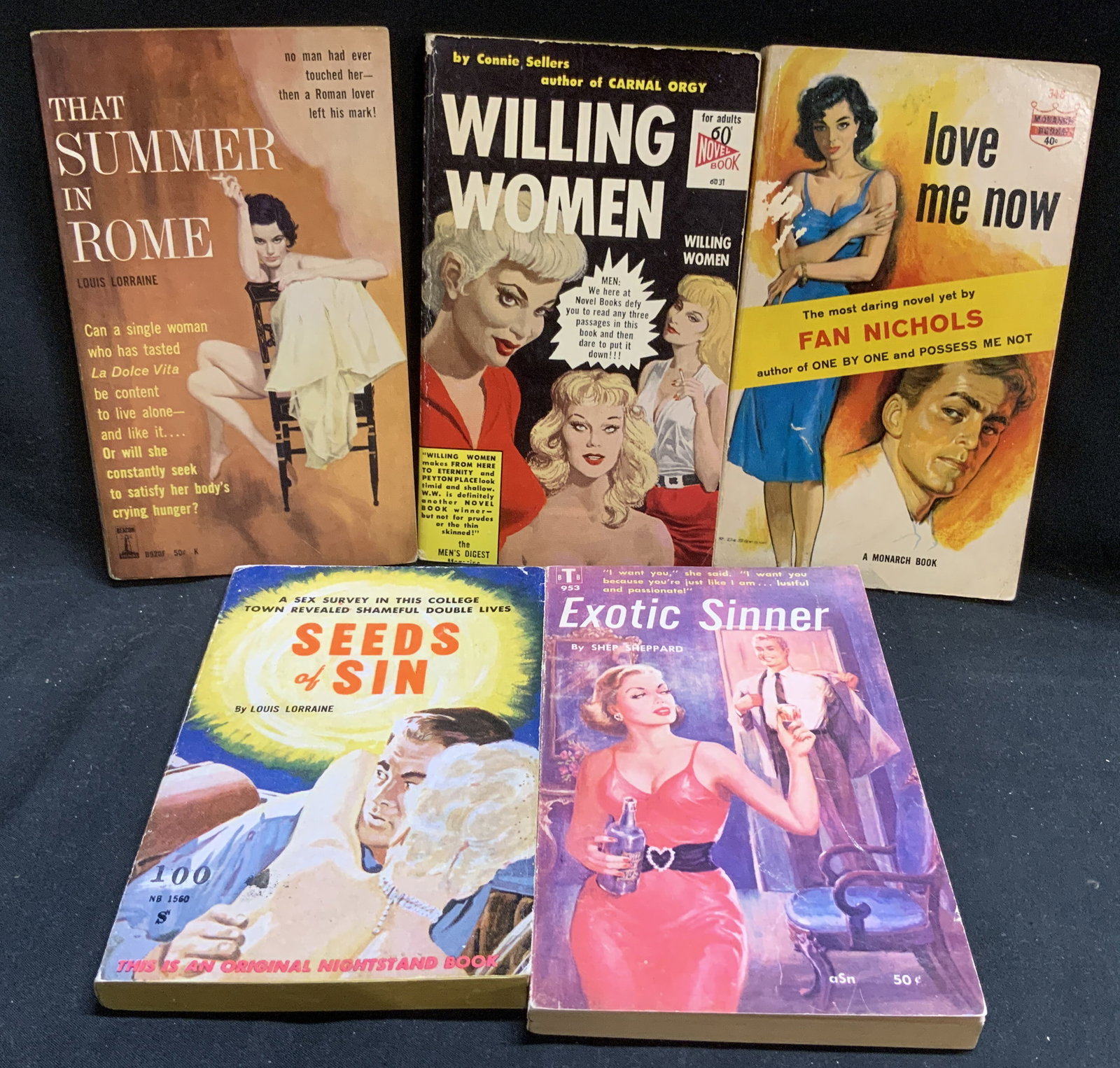 Lot5 Pulp Fiction Erotica Books 1950-1960s NICHOLS: Lot 5 Pulp Fiction Erotica Books 1950-1960s SHAW+ Lot includes, Love Me Now by Fan Nichols, Seeds of Sin by Louis Lorraine, Willing Women by Connie Sellers, Exotic Sinner by Shep Sheppard & That Summe