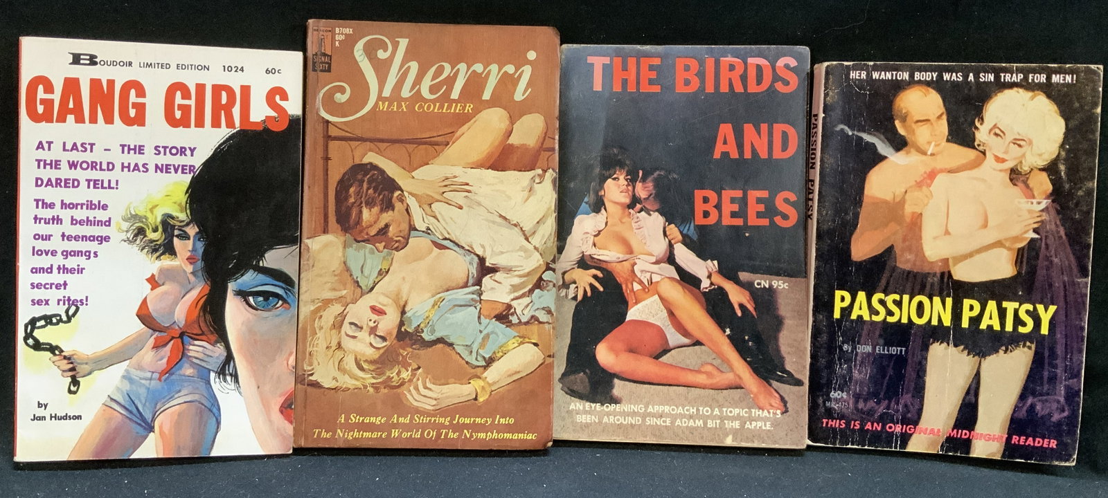 Lot 4 Pulp Fiction Erotica Books 1960s HUDSON+: Lot 4 Pulp Fiction Erotica Books 1960s HUDSON+ Lot includes, Gang Girls by Jan Hudson, Passion Patsy by Don Elliott, The Birds & Bees by Leland Garner, Sherri by Max Collier. Earliest COPYRIGHT 1963 b