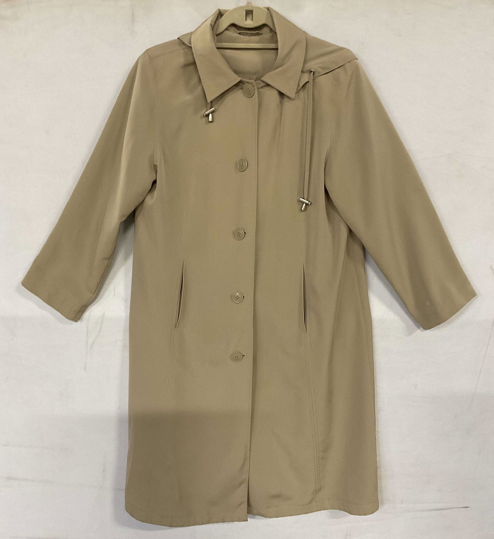 Regent Park Tan Hooded Trench Coat: Regent Park tan trench coat with removable hood. Size petite medium. Polyester and nylon. Some wear consistent with exposure. Regent park coat, trench coat, tan coat, hooded coat, outerwear, womens fa
