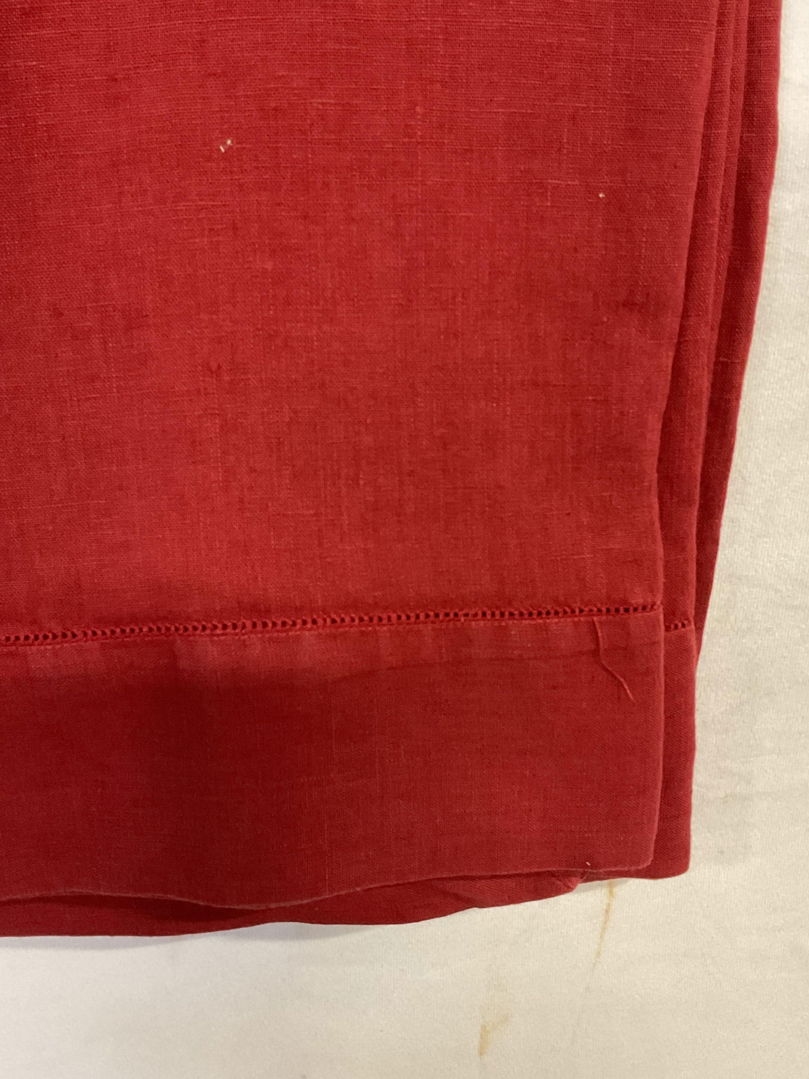 Sferra Red Linen Tablecloth: Sferra red tablecloth. Feels like linen. Measures approx 100 x 36 inches. Some blemishes. Sferra tablecloth, red tablecloth, linen tablecloth, table linen, table accessories, table decor, home decor,